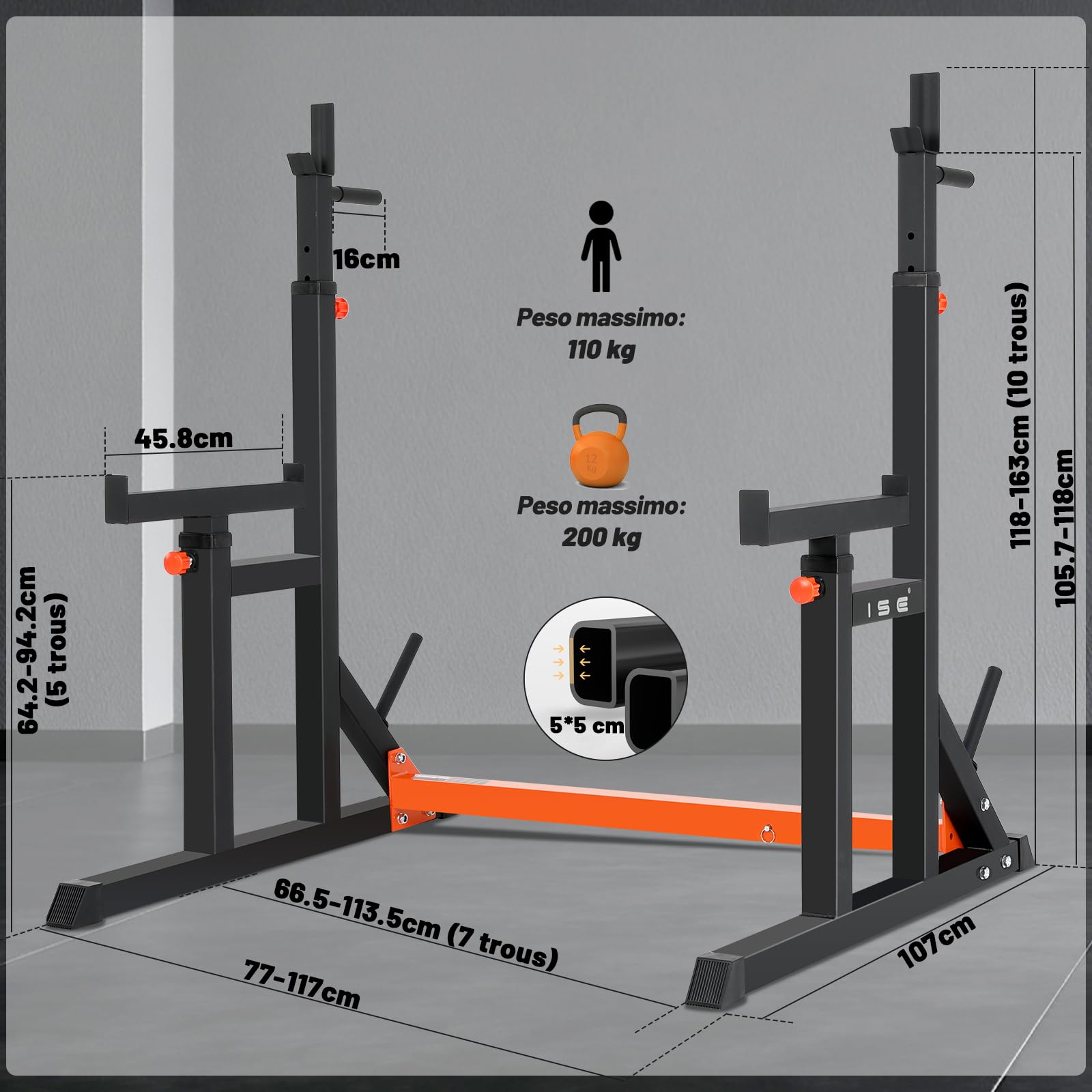 ISE Rack Palestra Multifunzione Supporto Bilanciere per Casa, Squat Rack Porta Bilanciere con Altezza Regolabile per Panca