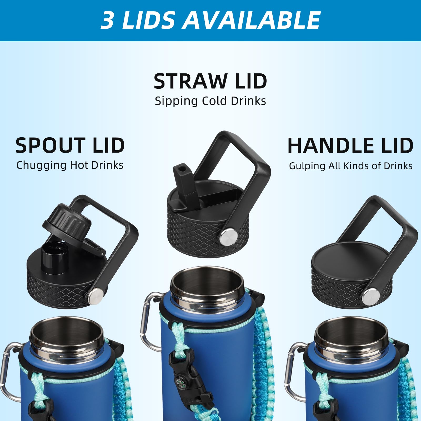 BJPKPK Botella de agua con tapa con popote, botella de agua aislada de 18 onzas con 3 tapas, mango de paracaídas y funda antideslizante, termo de metal de acero inoxidable, sin BPA, vasos a prueba de