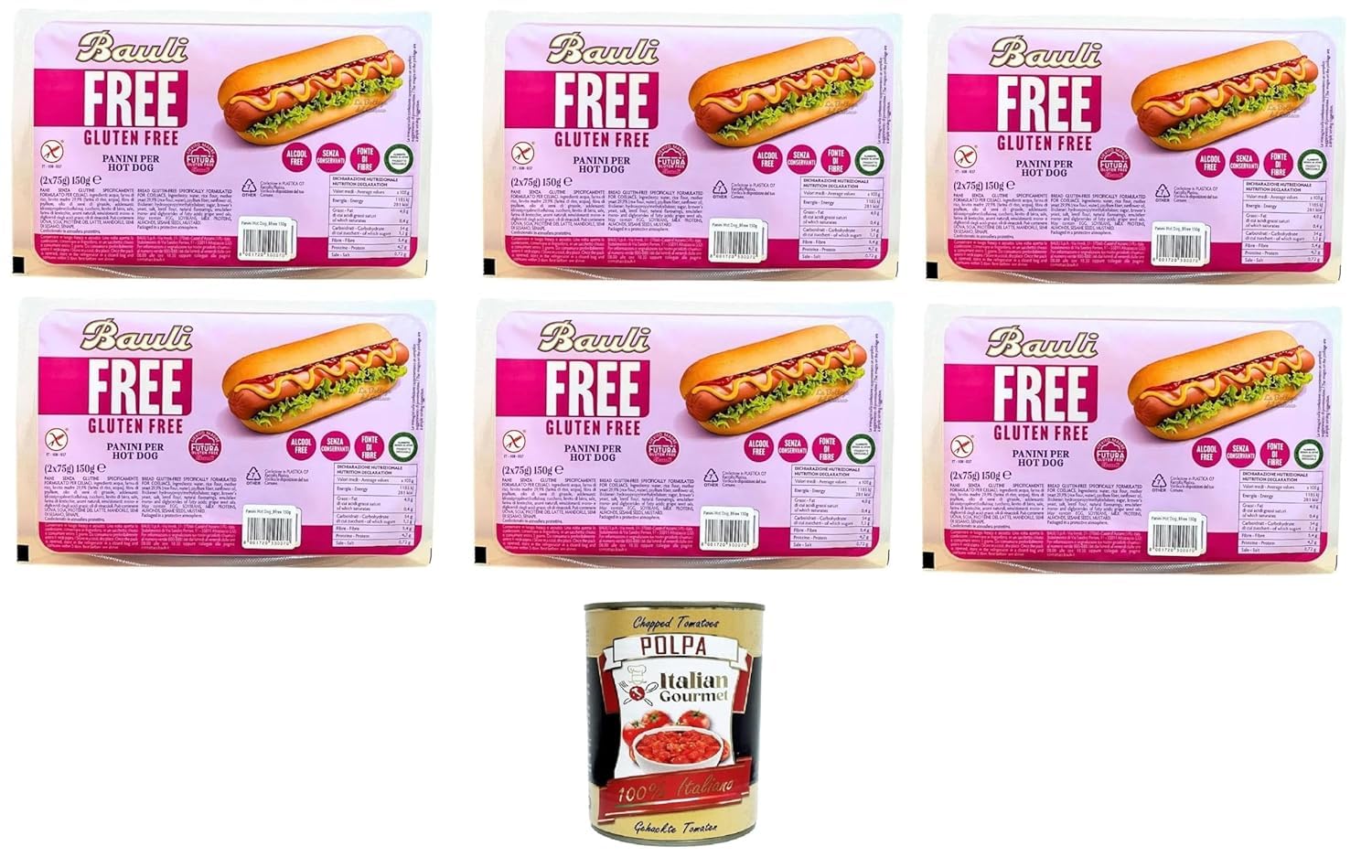 Italian Gourmet Bundle 6 x 150 g pains hot dog sans gluten riches en fibres sans conservateurs format 900 g snack repas rapides street food maison + Italian Gourmet Polpa