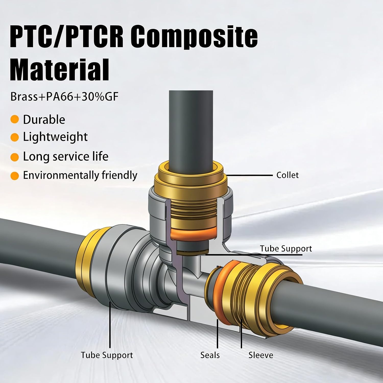 1/4" DOT Air Brake Hose Line Tee Fittings 2 Pack, 1/4" OD Tube Push to Connect PTC/PTCR & Brass Union Connector for Truck Trailer Air Systems, Suspension, and Tire Inflation