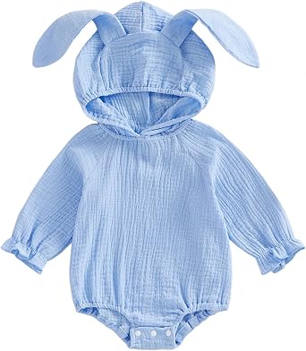 Baby Boy Girl Easter Outfit Bunny Ear Hooded Cotton Linen Bubble Romper Newborn Photo Props Clothes