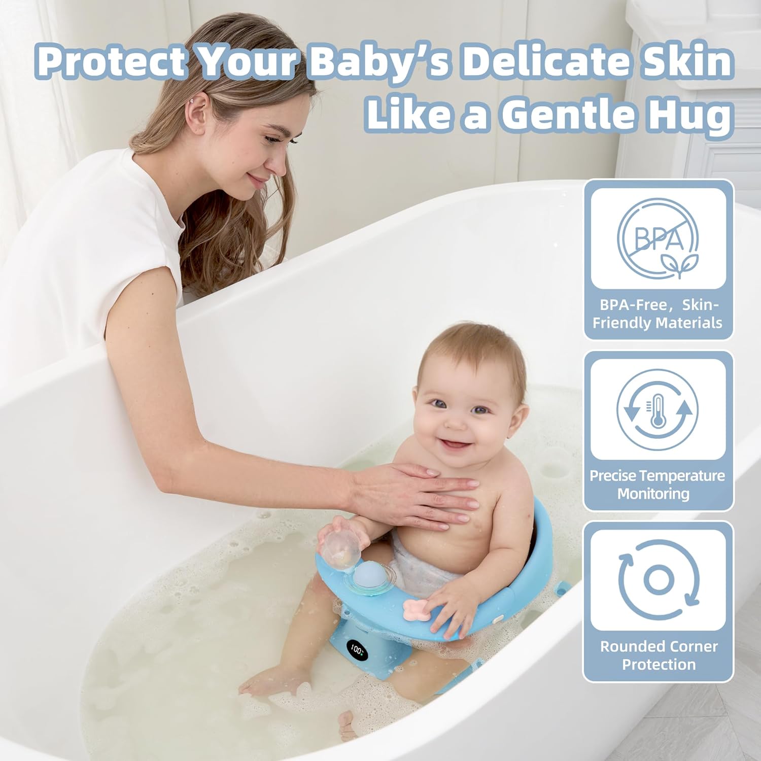 Baby Bath Seat for Babies 6 Months & up with Thermometer, Non-Slip Toddler Bath Seats for Sitting Up, Safe Infant & Newborn Bathtub Chair with 4 Suction Cups, Soft Cushion & Temperature Display, Blue