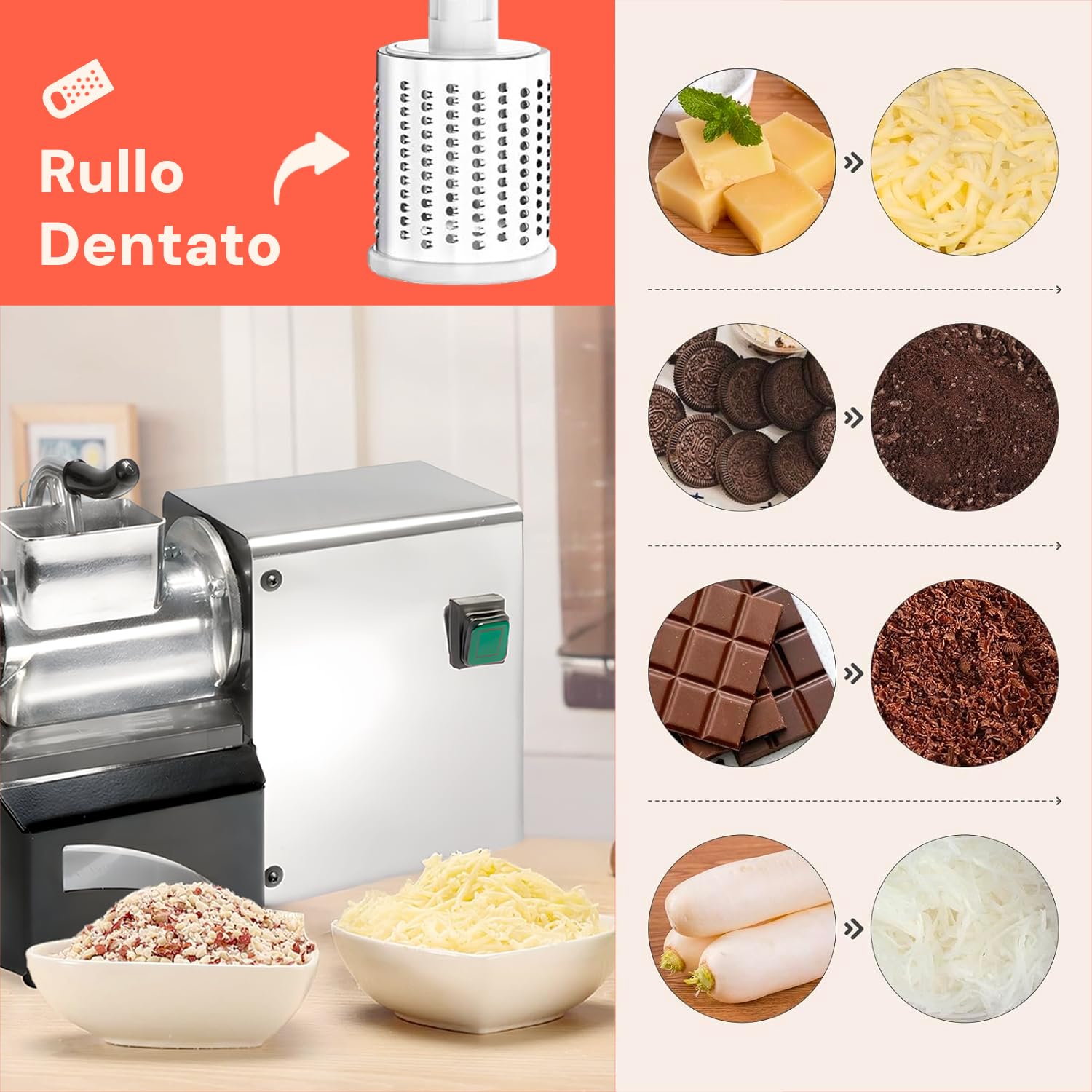 Avilia Rallador eléctrico profesional para queso, de acero inoxidable, 200 W, ideal para queso, chocolate, pan – Corte ajustable, 32,5 × 15 cm – Fabricado en Italia