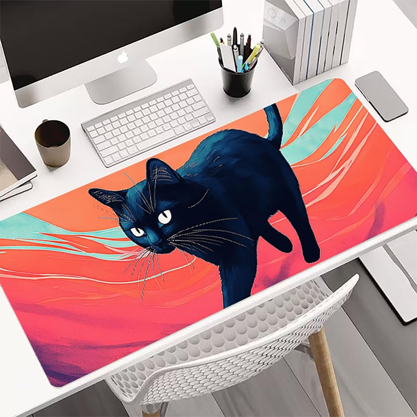 Lpfieonn Katze Schreibtischunterlage XXL, Rot Schreibtischunterlagen Großes, Gaming Mousepad XXL mit ernähter Rand und Rutschfeste Gummibasis, Wasserdicht Desk Mat für PC/Laptop/Mausa 120x60cm PF-3518