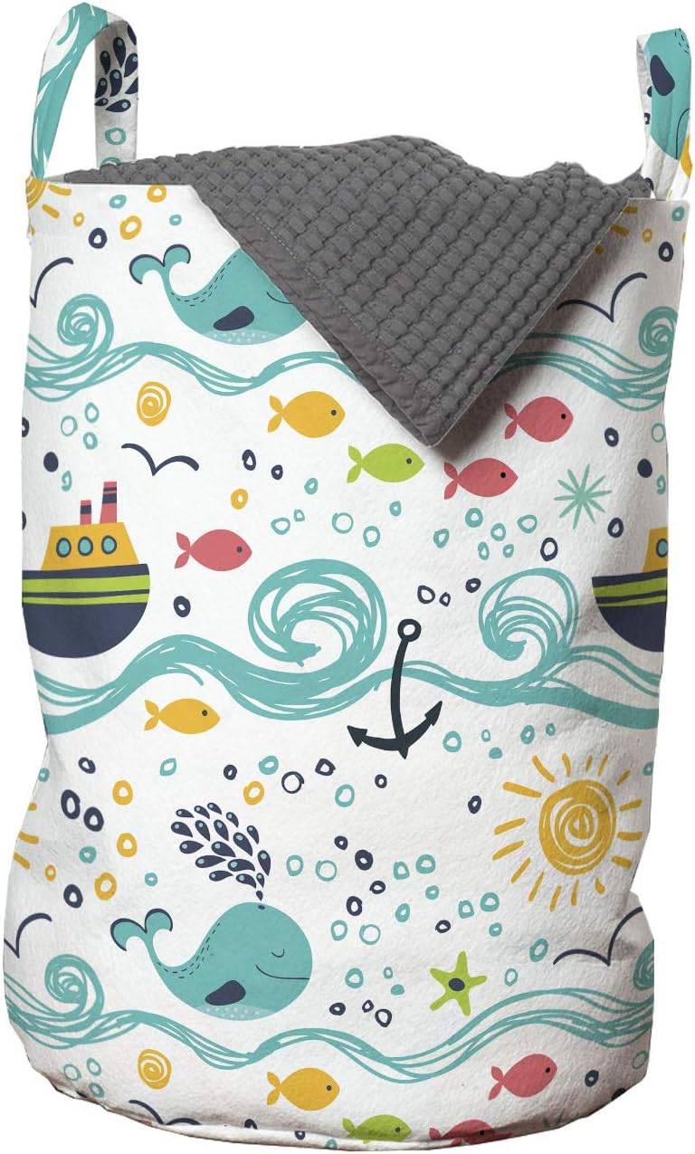 Ambesonne Sailboat Laundry Bag, Scribbled Hand Drawn Ocean Habitants Fishes Water Spraying Whale and Rising Sun, Hamper Basket with Handles Drawstring Closure for Laundromats, 13" x 19", Teal Yellow