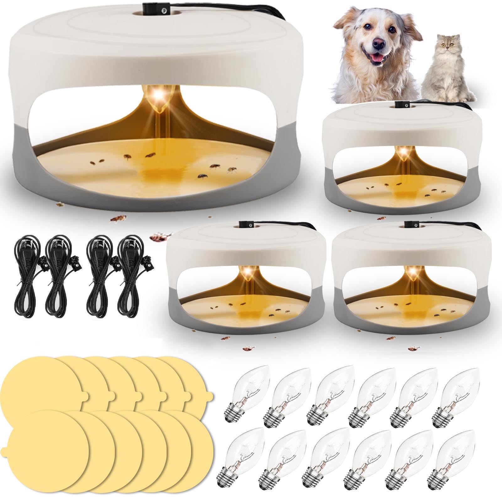 Trappole per pulci per interni della tua casa, confezione da 4 trappole per pulci per casa e garage con 12 dischi adesivi, 12 lampadine, 4 fili elettrici per cimici da letto con luce, per interni