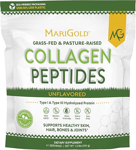 MariGold Péptidos de colágeno alimentados con pasto, sin sabor, 1 libra, 100% puro, colágeno hidrolizado bovino tipo I y III, sin OMG, sin hormonas,