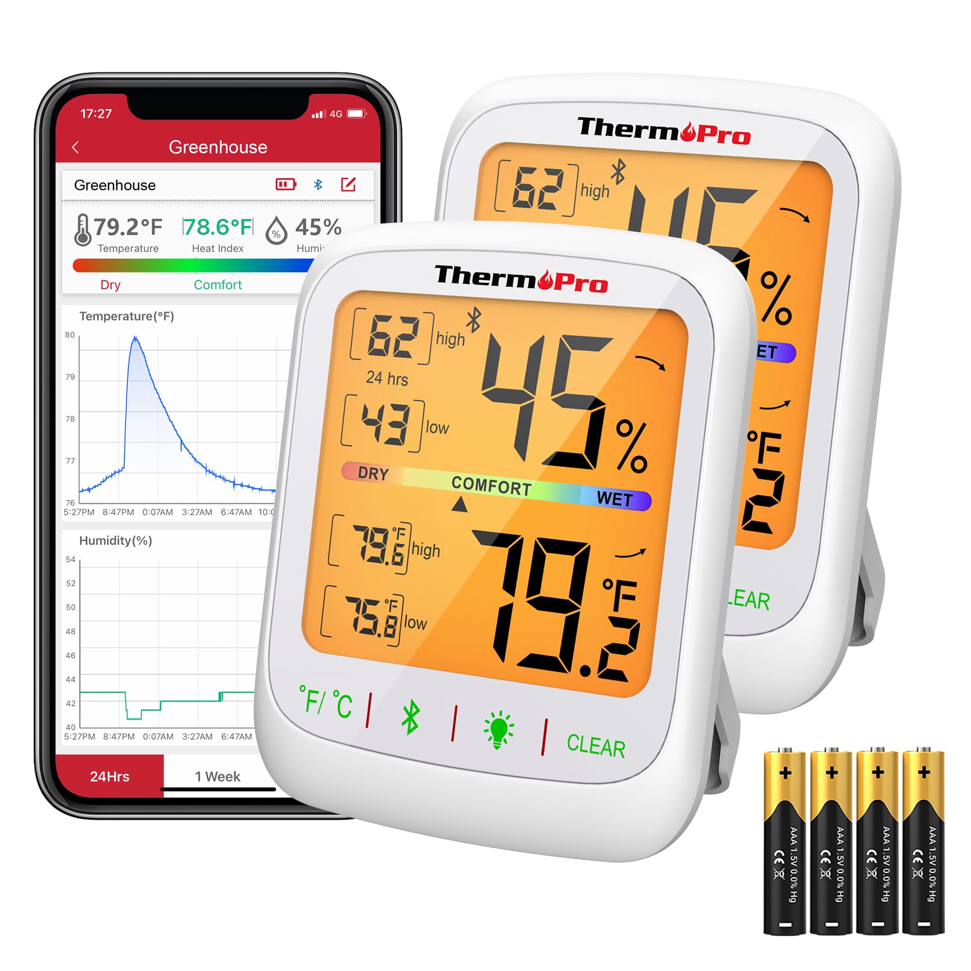 ThermoPro Bluetooth Hygrometer Thermometer, 260FT Wireless Remote Temp and Humidity Meter, with Large Backlit LCD, Data Storage and Export, Temperature and Humidity Monitor, Max Min Records, 2 Pack