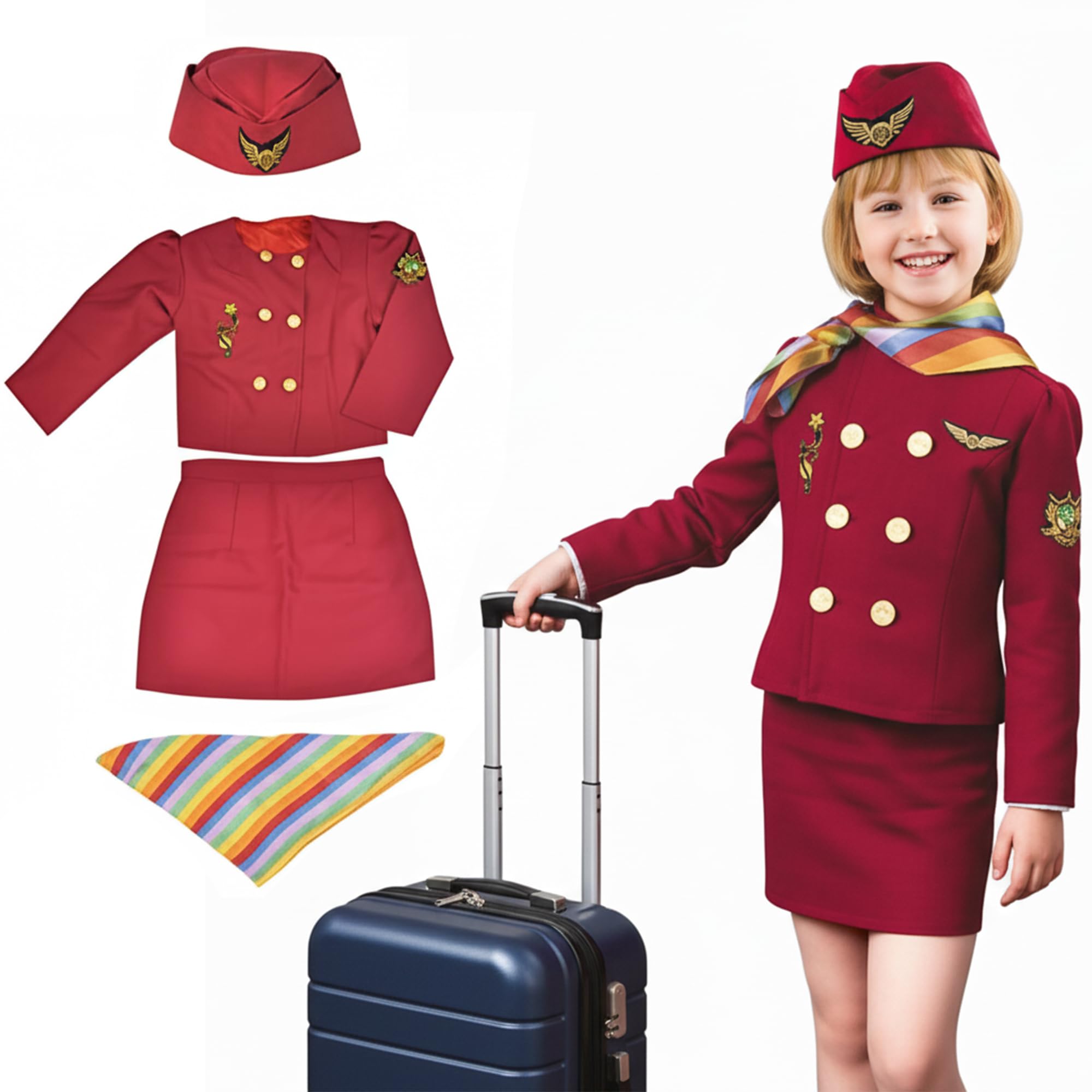 AMERTEER Girls Air Hostess Costume Set for (Ages 3-8), 4-Piece Flight Attendant Dress with Skirt, Jacket, Hat & Scarf - Kids Role Play, Cosplay & Party Outfit