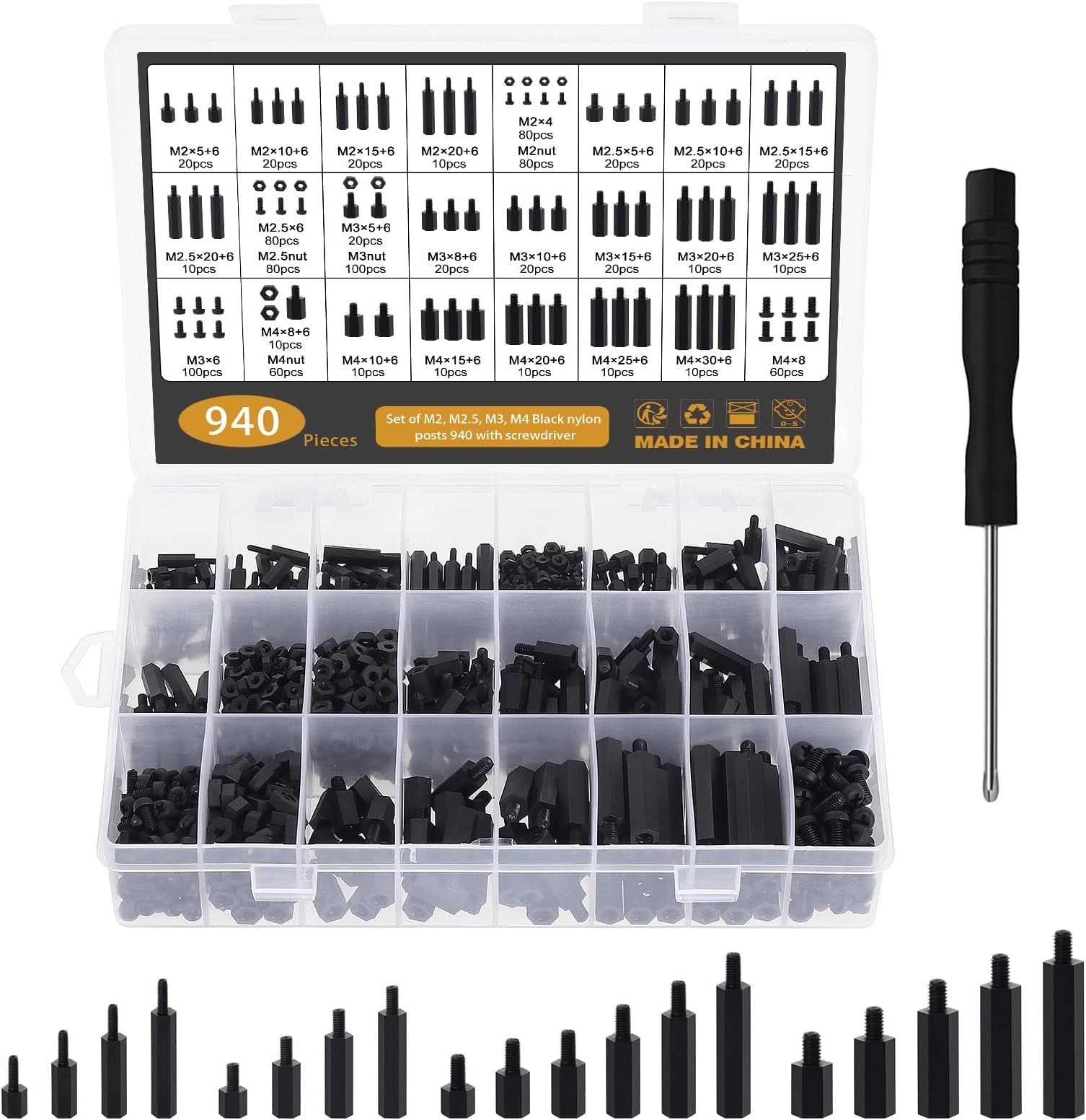 940Pcs Nylon Standoff Spacers Black, M2 M2.5 M3 M4 Male Female Hex Standoff Screws Nut Spacers Threaded Pillar for PCB Board Motherboard