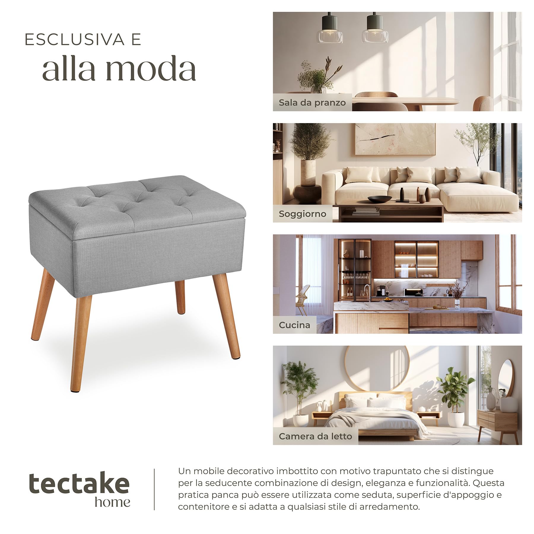 tectake® Panchina Imbottita, Rivestimento Effetto Lino, Scomparto Interno, Gambe in Faggio Massiccio, Capacità 300 Kg, Misure 51x37,5x45,5 cm - Grigio Chiaro