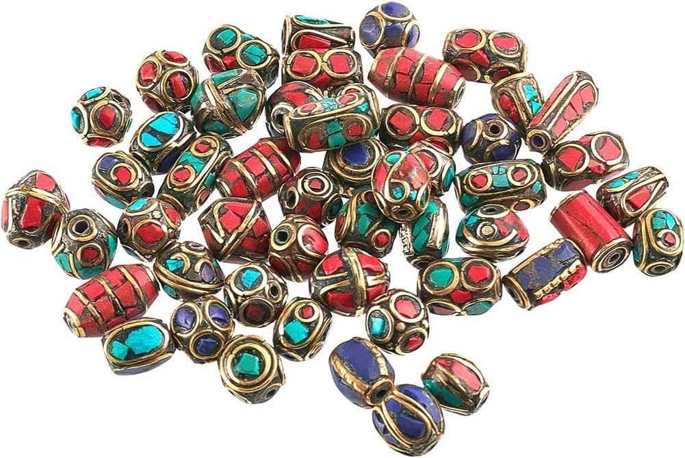 PH PandaHall 50pcs Tibetan Turquoise Beads Mixed Spacer Beads Round Column Bead Handmade Buddha Loose Bead for Earring Necklace Bracelet Jewelry Making