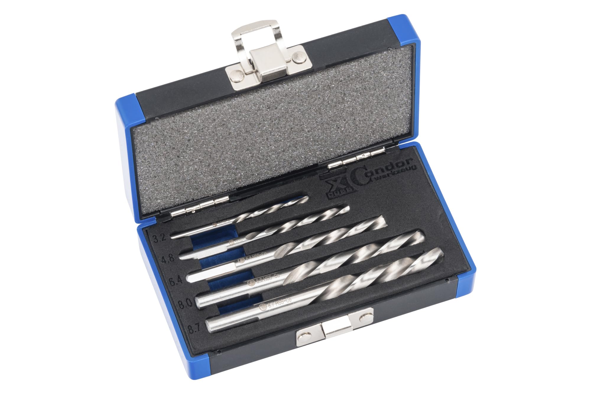 Condor Outil 39615 | Jeu de forets hélicoïdaux | Coupe à gauche | 5 pièces | HSS-E Cobalt 5 % | Ø 3,2-8,7 | Affûtage en croix | Angle d'affûtage | Convient pour V4A, acier, fonte grise | xcess