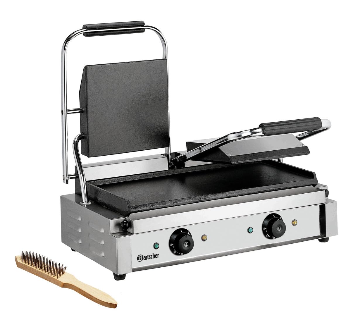 Bartscher Kontaktgrill 3600 2G aus Edelstahl mit glatter Gusseisen-Grillfläche, 2 separat regelbare Zonen, 3,6 kW, silbergrau, für Gastronomie
