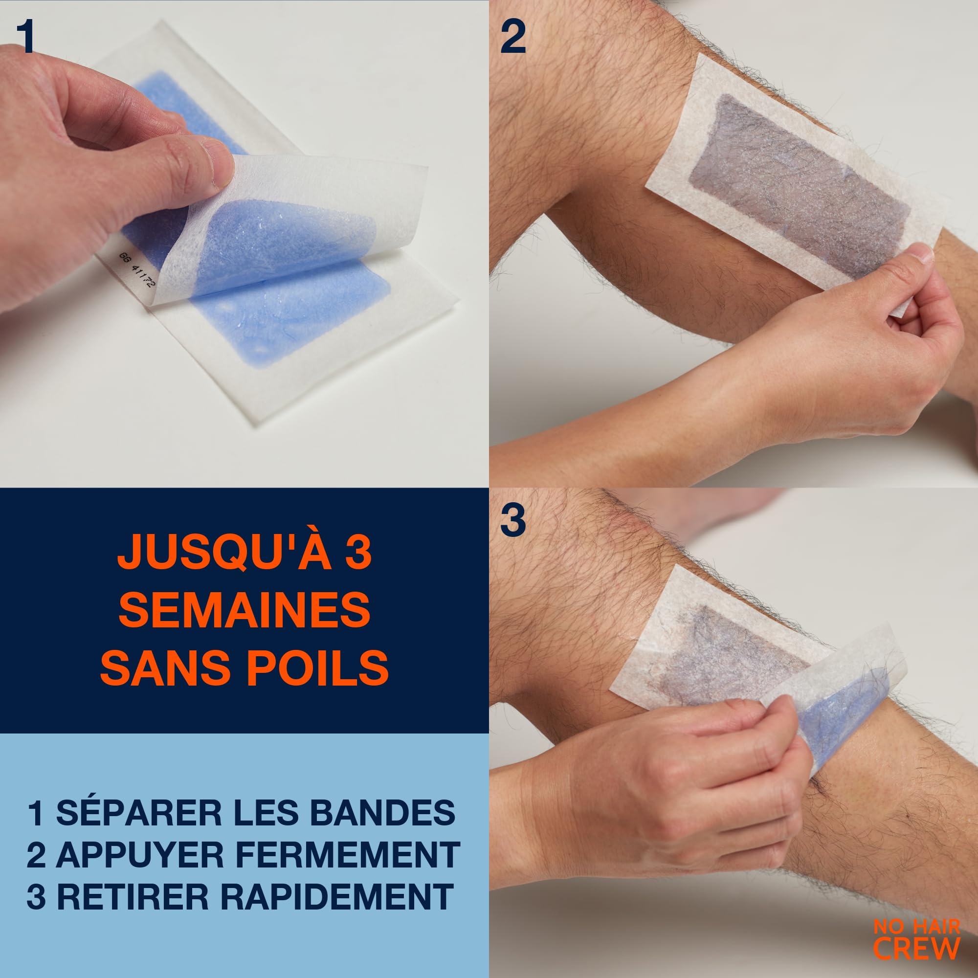 NO HAIR CREW 6x20 Bandes d’Épilation Homme - Jusqu’à 3 Semaines Sans Poils | Pour poitrine, dos, bras et jambes. Retire les poils à la racine pour une peau lisse durable et une repousse plus douce.