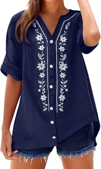 Embroidered Linen Shirts for Women - 3/4 Sleeve Gauze Shirt Button Down V Neck Boho Blouse Dresy Casual Summer Clothes