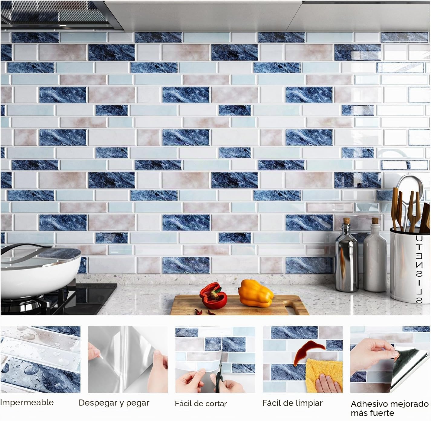 FunStick 30×30CM 15 Losetas Vinilo Para Paredes de Cocina Efecto Marmol Vinilo Adhesivo Impermeable pare Azulejos de Cocina Azul Baldosas Adhesivas Pared Baño 3D Pegatinas Vinilos Baño Azulejos Azul