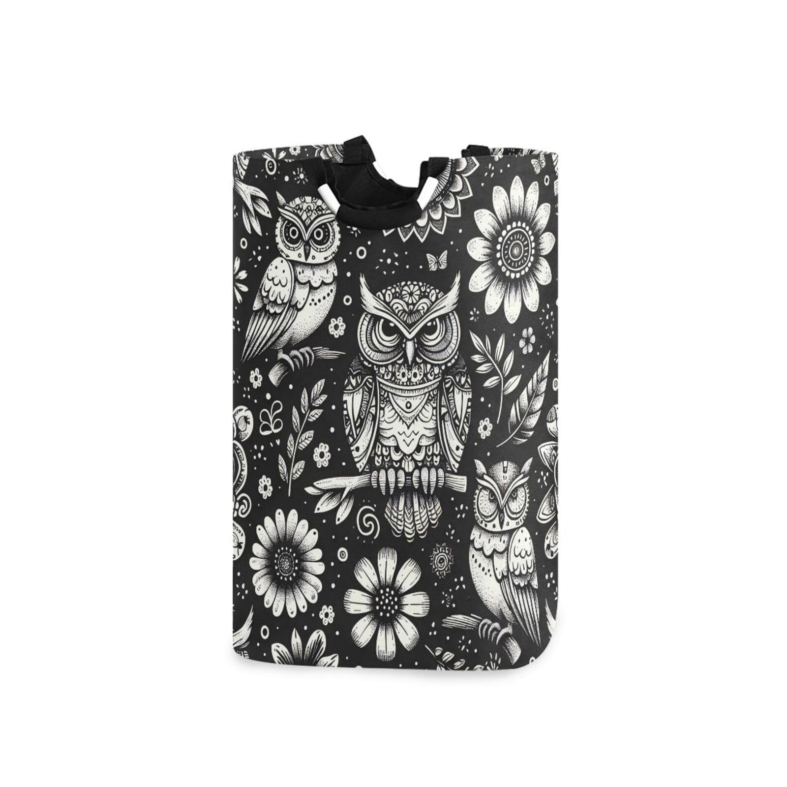 Jihqo Laundry Hamper Basket Gray Owls and Flowers Collapsible Nursery Storage Bin Waterproof Clothing Baskets for Home Bedroom Bathroom Washing Room