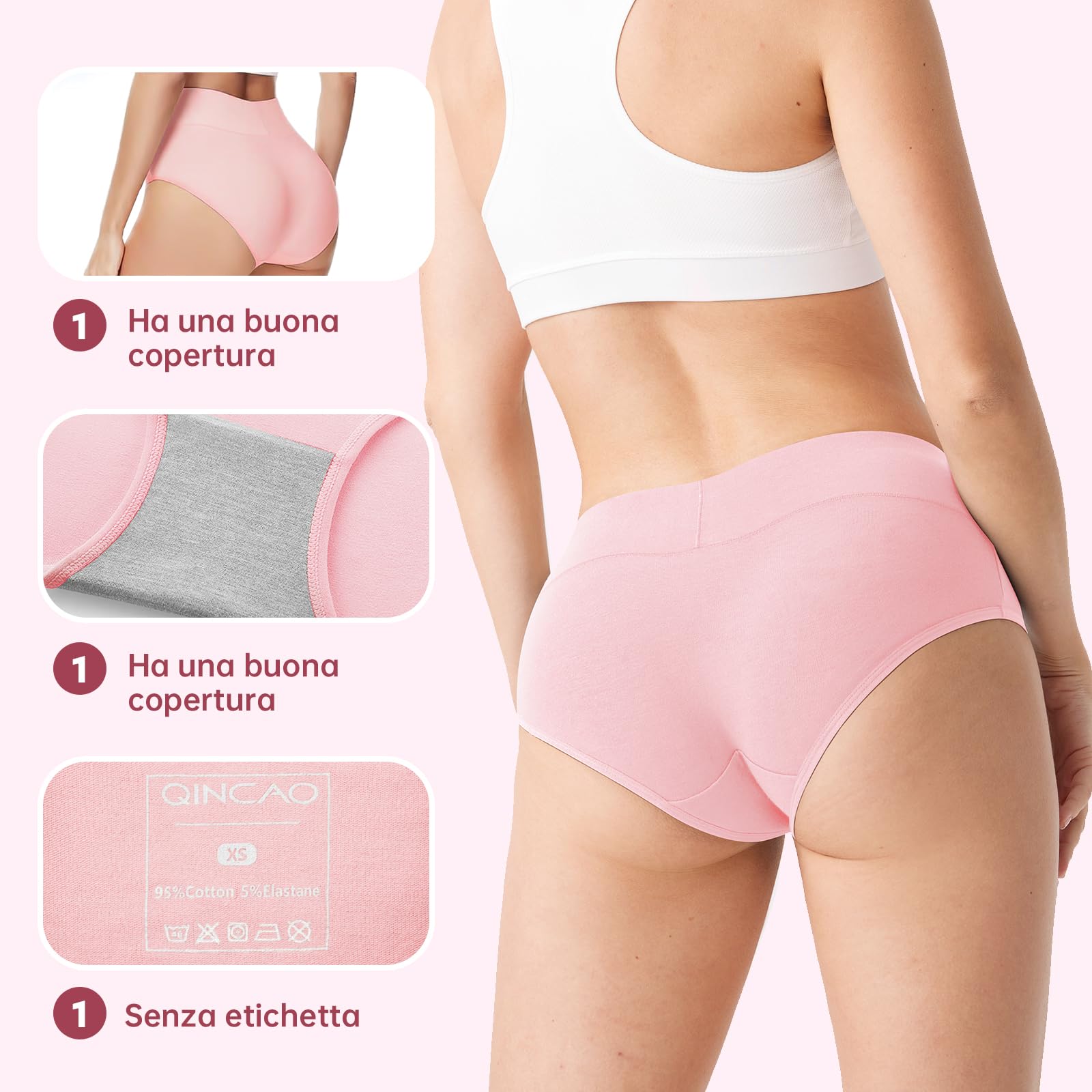 QINCAO Mutande Donna, Confezione da 6 Pezzi, Modello di Vita Alta, Biancheria Intima di Cotone, Elastica, Traspirante e Morbida