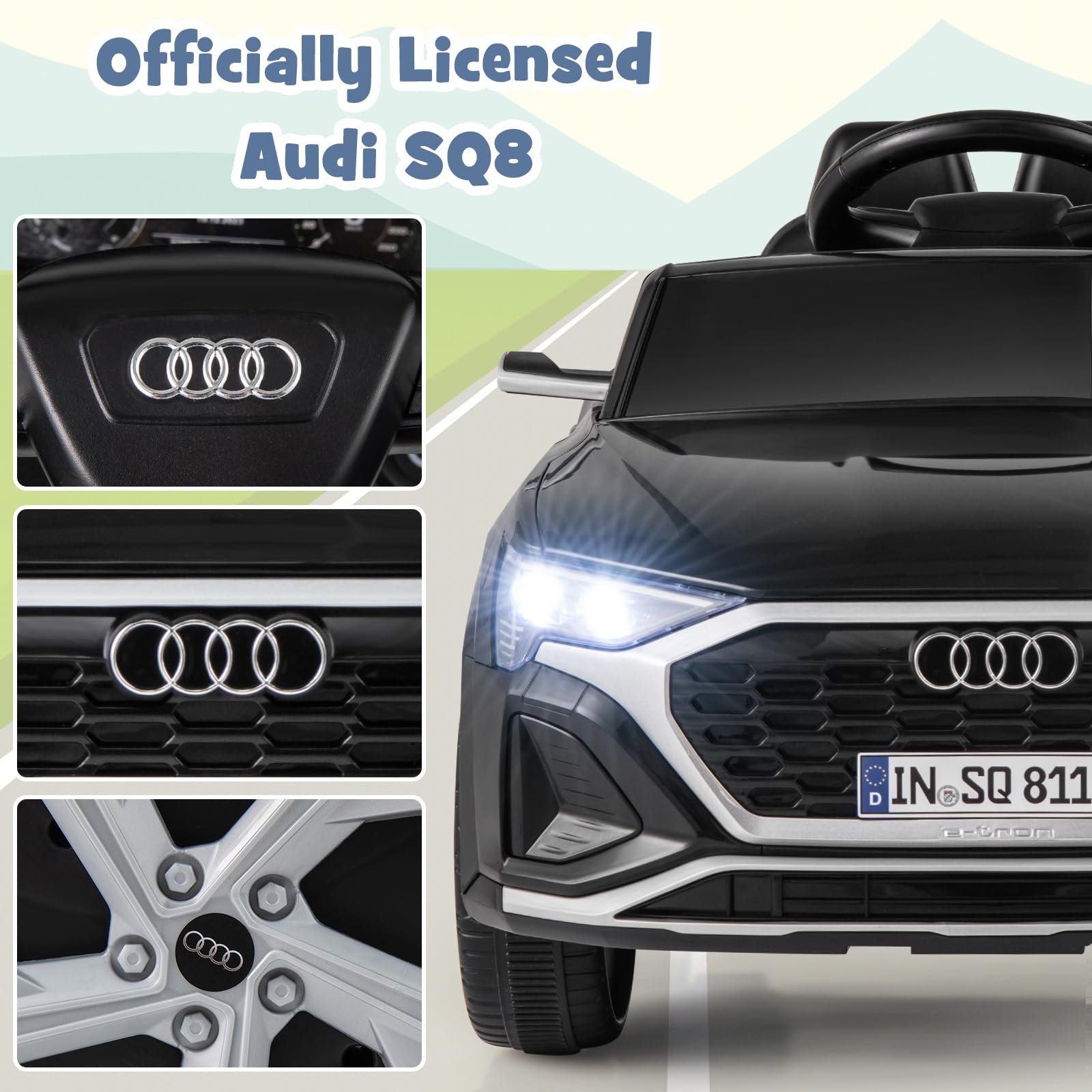 FANTASK Kinder Elektroauto, 12V Kinderauto Audi SQ8 mit 2,4G Fernbedienung & Hupe & Scheinwerfer & Musik, 3-Gang Elektrofahrzeug für Kinder 3-5 Jahre, 3-5 km/h (Schwarz)