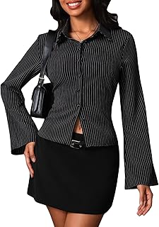 Women Striped Fitted Button Down Shirts Bell Long Sleeve Shirt Office Wo...