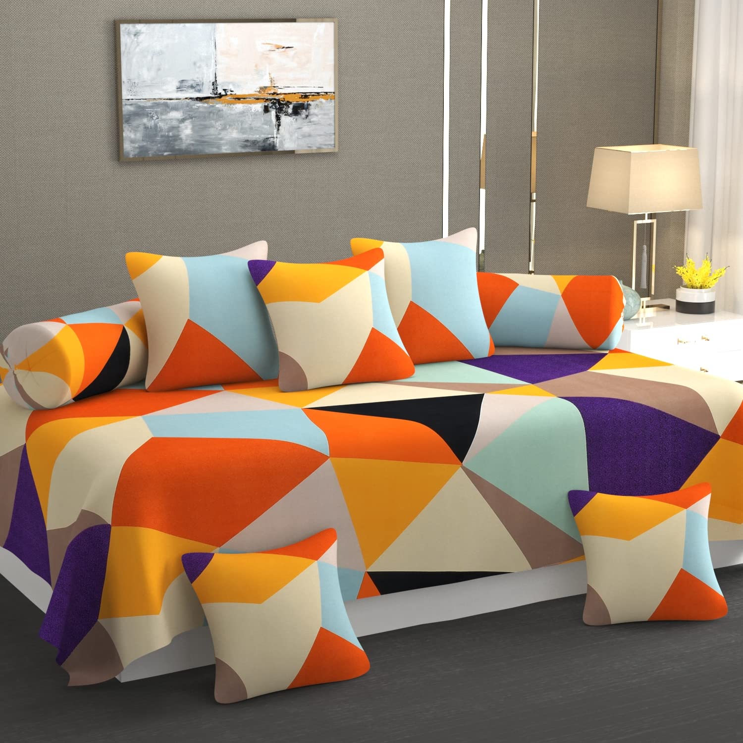 DHAANYA Super Soft Glace Cotton Early Teenage Prints Diwan Set for Living Room, Diwan Set Covers Cotton, 8Pc- Assymetric Colors-image-29