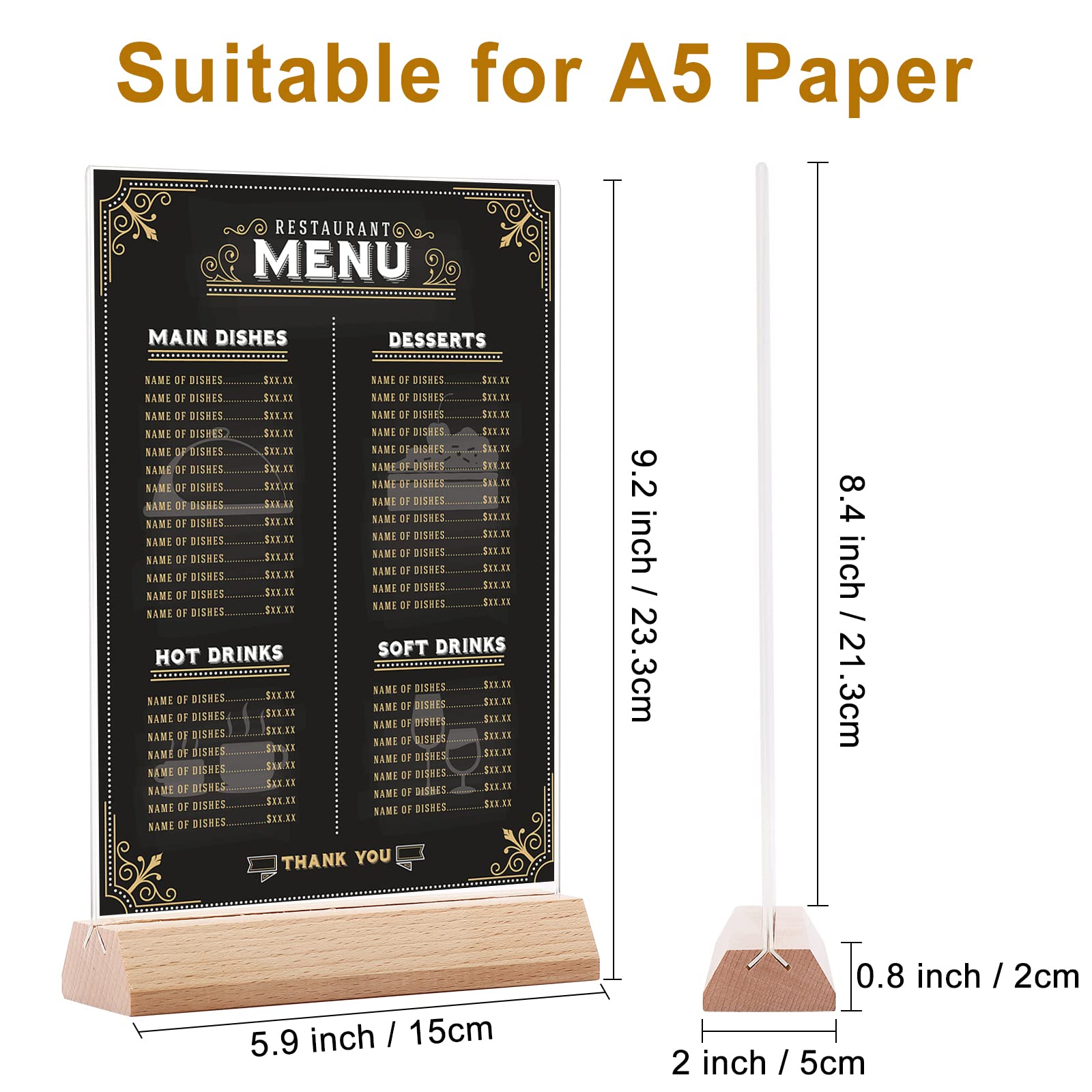 Porta Menu da Tavolo in Acrilico A5, Confezione da 10, Supporti menù A5 in legno, Porta-avvisi da tavolo, Espositore da tavolo A5 per Ristoranti, Hotel, Scuola, Ufficio, Negozio