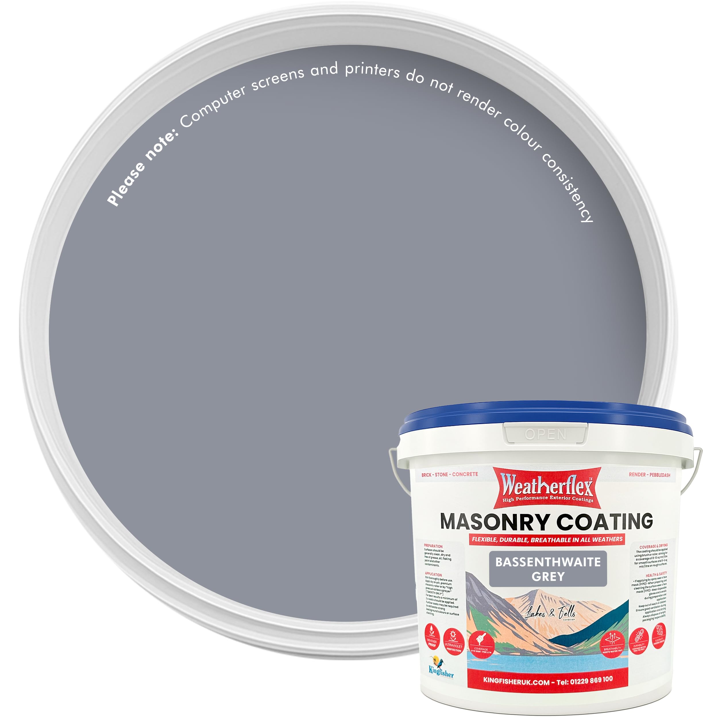 Kingfisher Weatherflex Masonry Paint 10L | Waterproof & Non-Toxic Outdoor Paint for Brick, Stone, Concrete | Ultra-Flexible, Crack Resistant & Breathable for Extreme Weather | Bassenthwaite Grey
