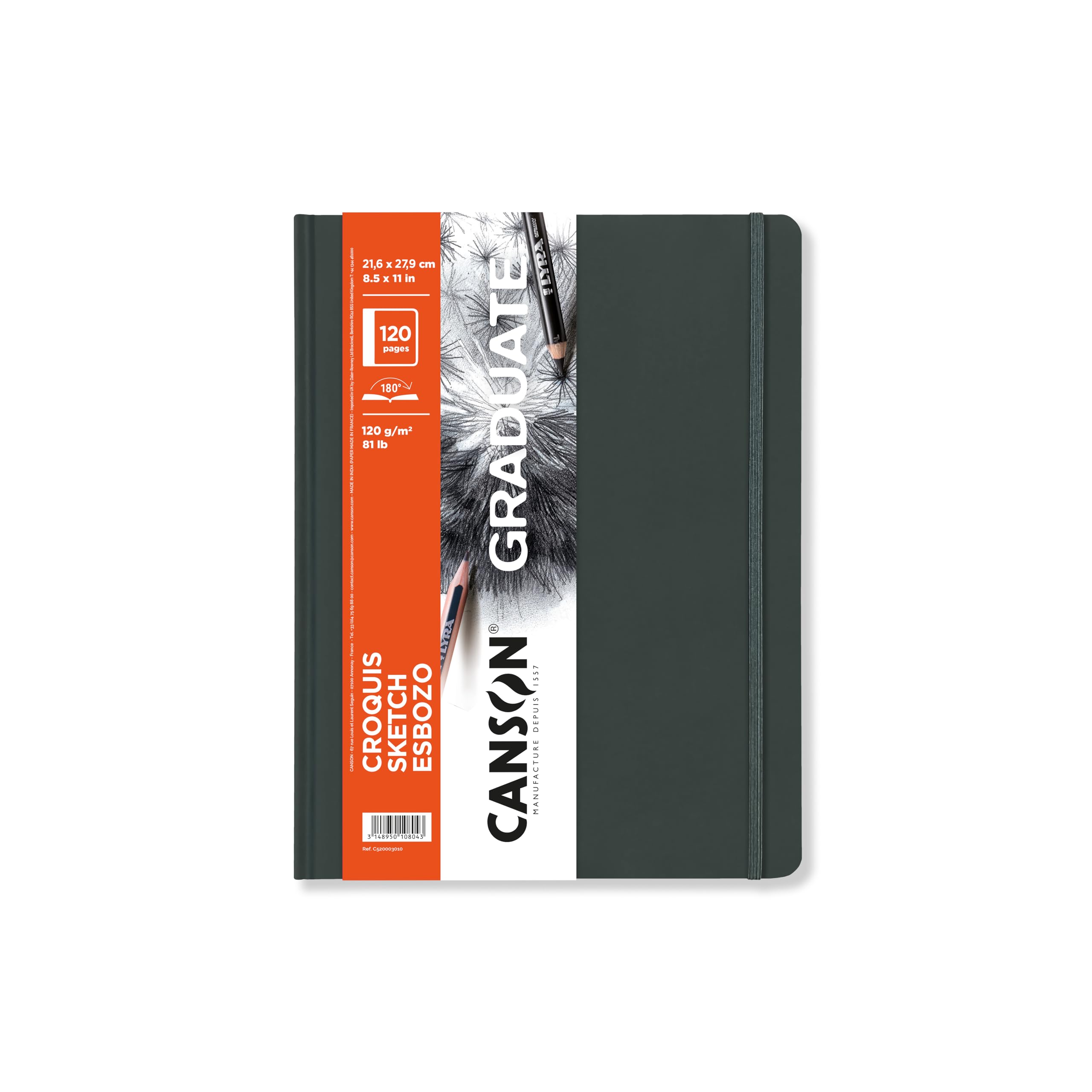 CANSON Graduate Hardbound Sketch Book, 120gsm 21.6 x 27.9cm, Light Grain Paper, 52 White Sheets, for Artist Students