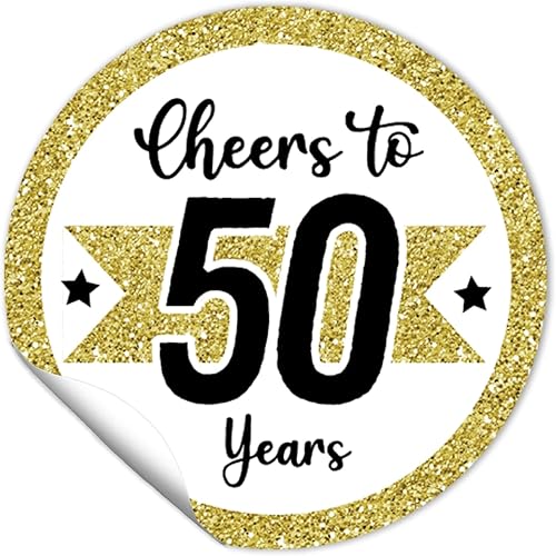 REWIDPARTY Calcomanías redondas de 1.5 pulgadas para cumpleaños número 50 (80 piezas) de oro blanco con texto en inglés "Cheers to 50" (80 piezas)