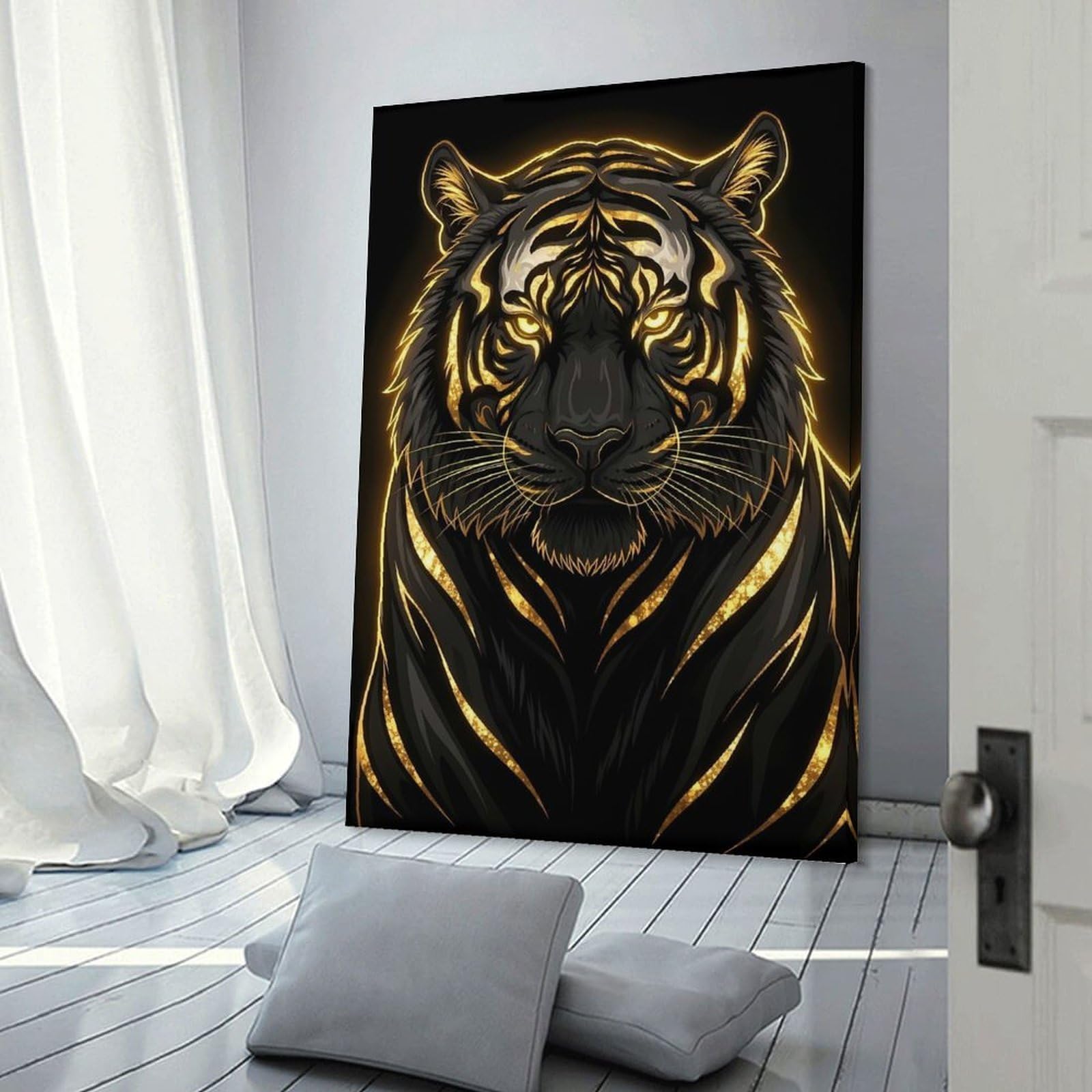 Junmoney Frame-Style-20 Golden Tiger Portrait On Black Background Decorative Canvas Print, 24X36inch(60X90cm), For Living Room, Bedroom Or Home Office, Canvas Artwork With Gifting Potential