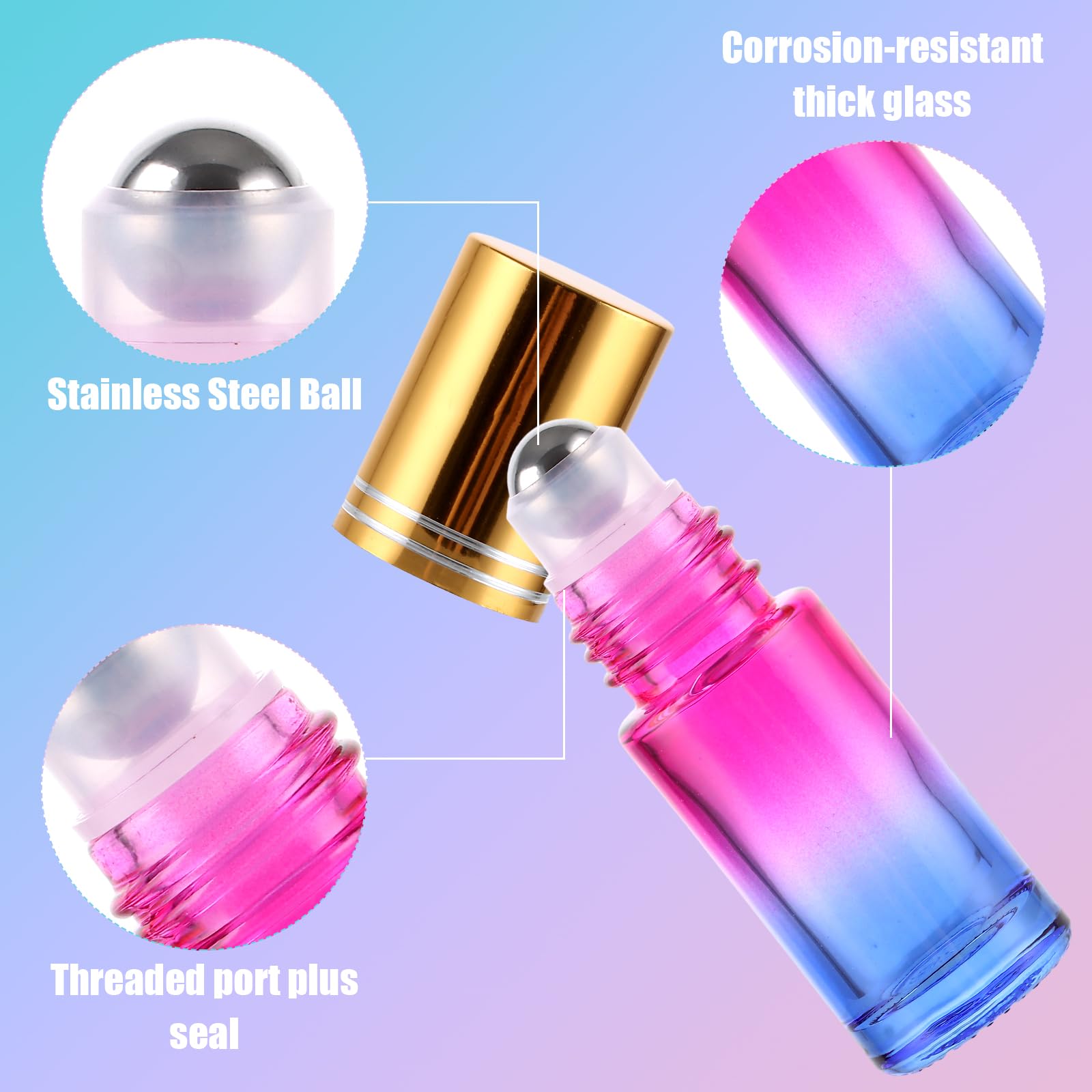 CYEER 25 sztuk butelek Roll On 5 ml, puste butelki z olejkami eterycznymi, zestaw kolorowych butelek na perfumy z kulkami ze stali nierdzewnej i akcesoriami do samodzielnego aromaterapii, torebki i