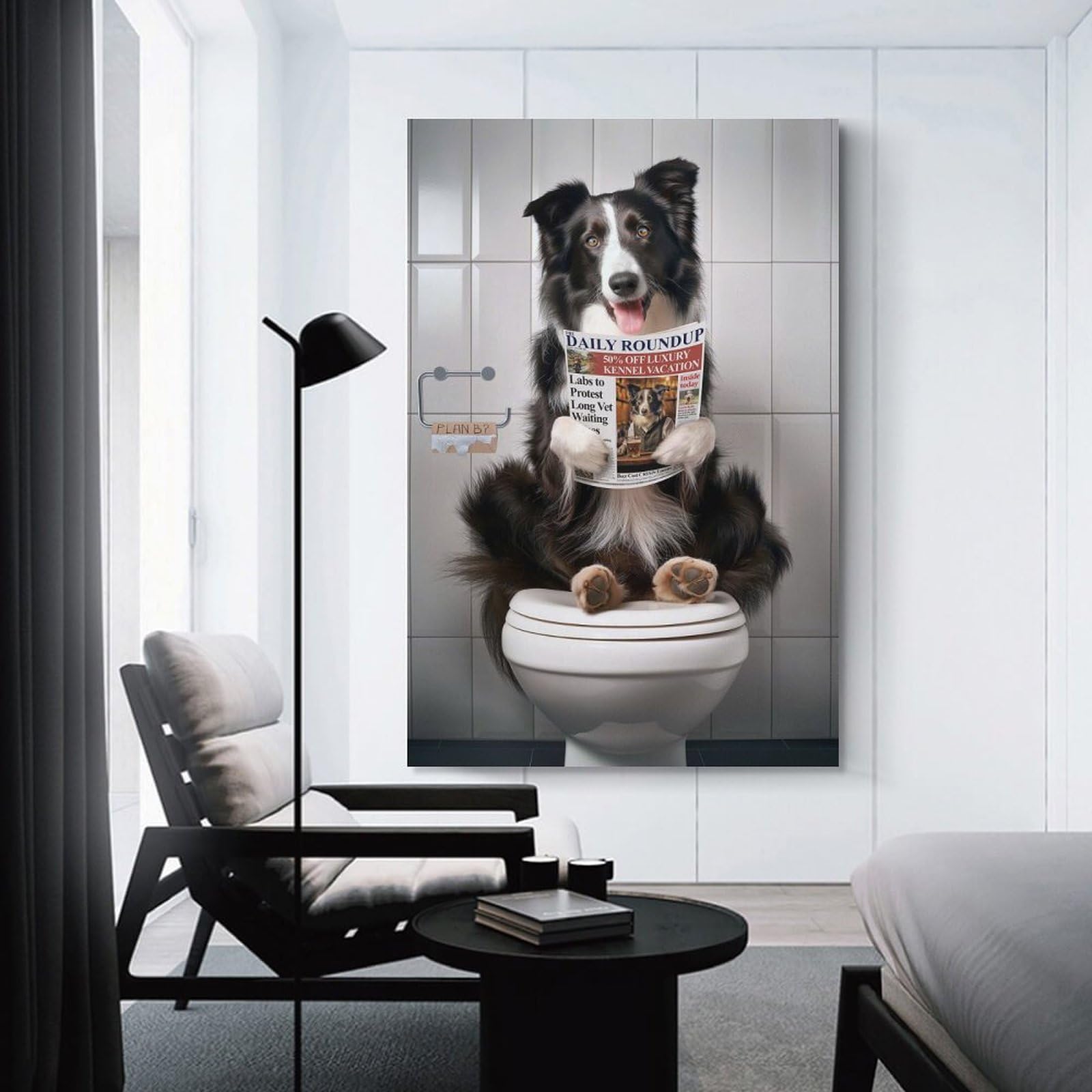 Junmoney Unframe-Style-13 Border Collie On Toilet Room Decor Wall Art 12X18inch(30X45cm), For Entrance Walls, Hall Decor Or Foyers, A Neat Decor Update For Hallways