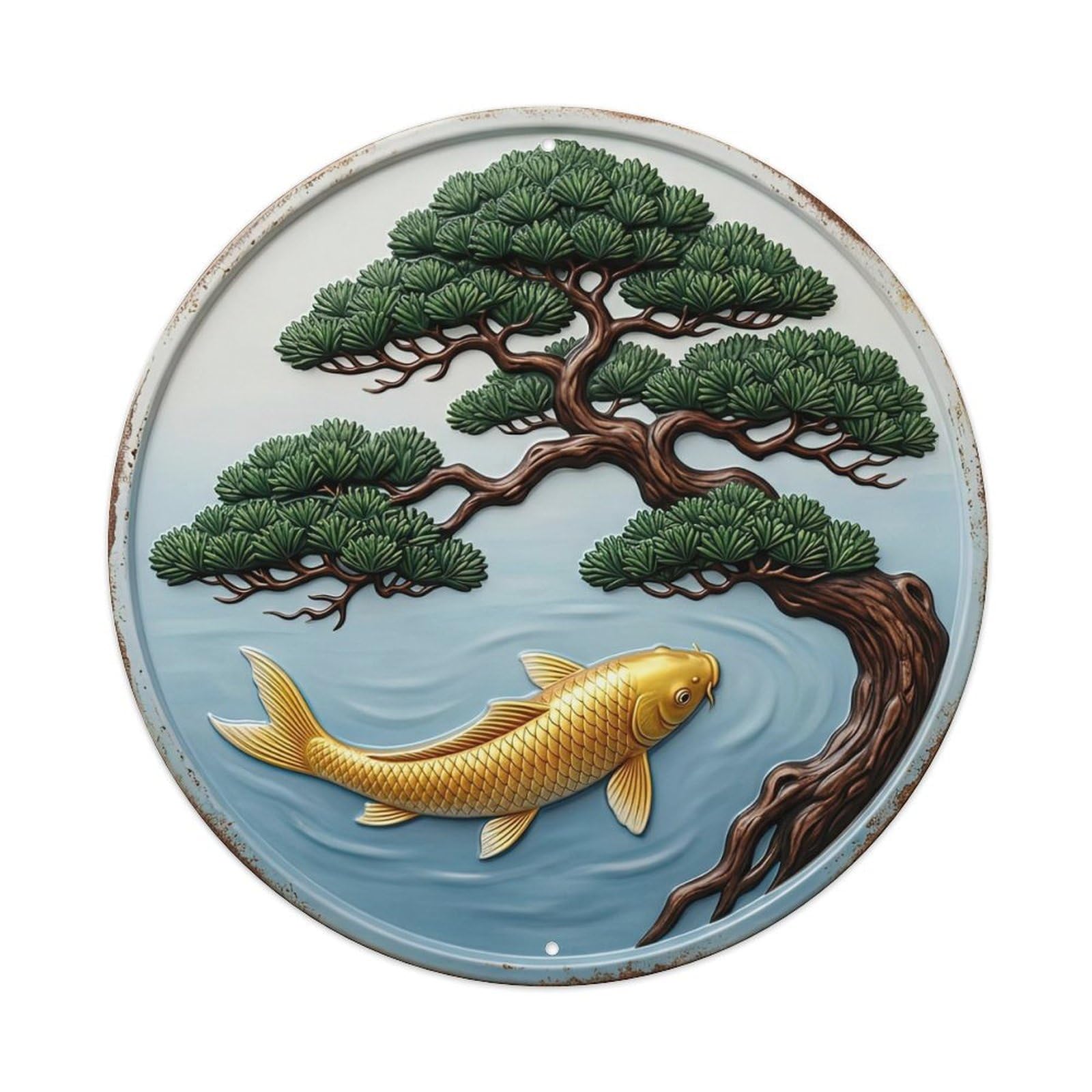 Bonsai Tree Miniature Koi Fish Metal Tin Sign Plaque Wall Decor for Cafe, Club, Garden Round Metal Poster 8x8Inch