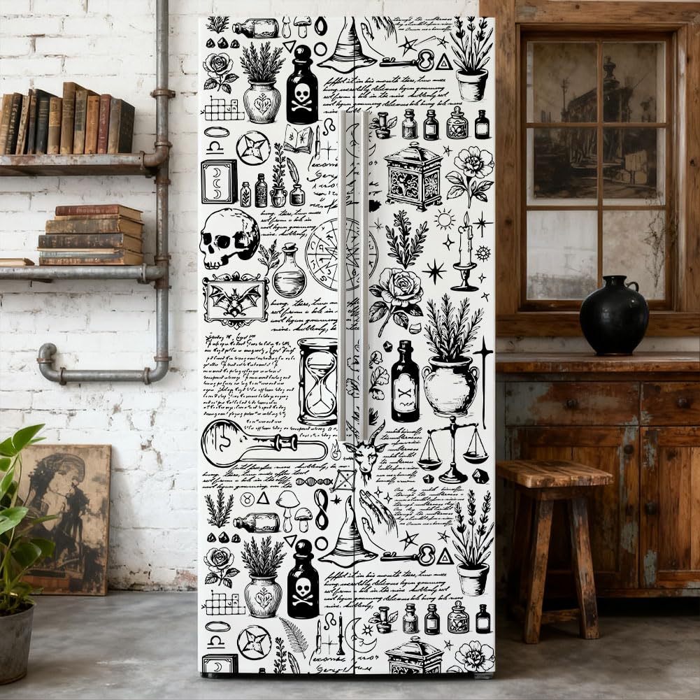 GOMAKERER 2 Pcs Plant Alchemy Themed Removable Refrigerator Wraps, Self-Adhesive Fridge Door Mural Vinyl Freezers Panel Cover Sticker for Kitchen Bar Decor, 41.5x200cm