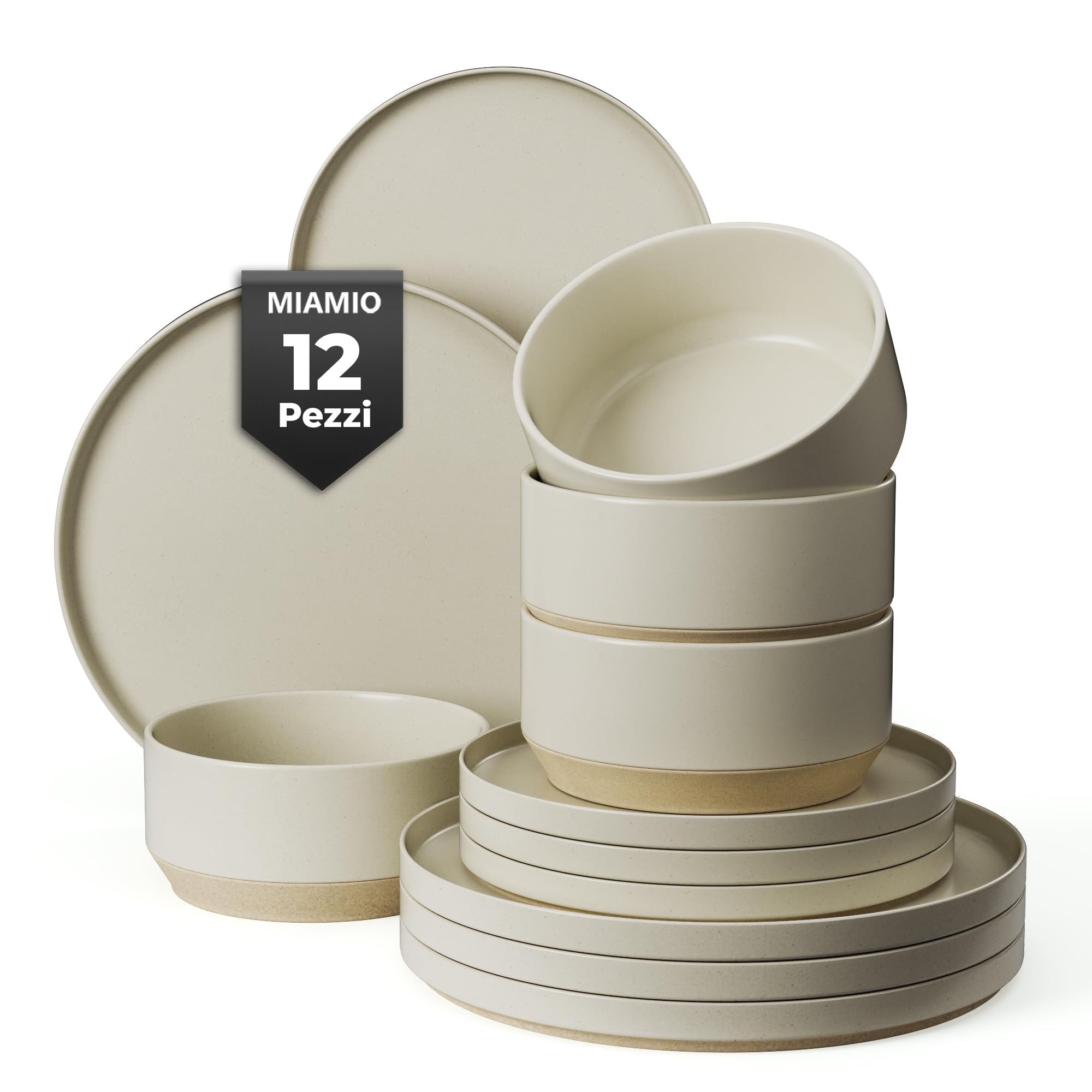 MIAMIO - Set di stoviglie per 4 persone/Set di stoviglie in pietra da 12 pezzi in beige/Lavastoviglie e microonde - Collezione Sierra (chiaro, (12x))