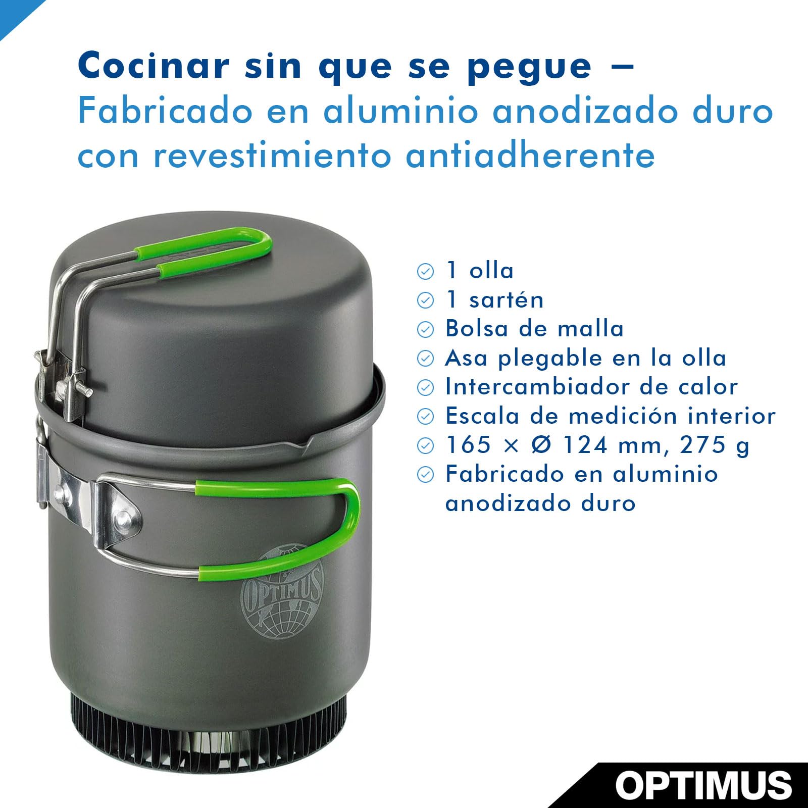 Juego de Cocina Optimus Terra Weekend HE - Olla de 0,95 L con intercambiador de Calor y sartén/Tapa | Utensilios de Cocina ultraligeros para Camping y Trekking | 275 g
