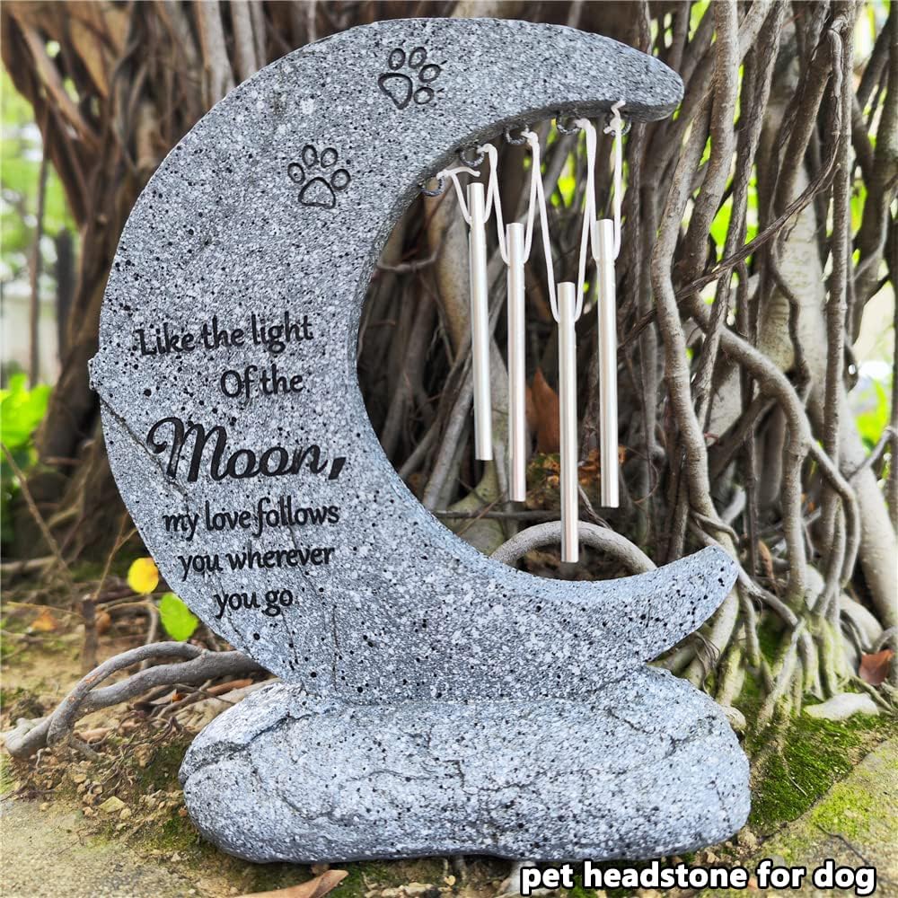 jinhuoba Moon Shaped Pet Memorial Stones for Dogs with Wind Chimes, Paw Prints Headstones Grave Stones for Loss of Pet Dog Memorial Gifts Sympathy Remembrance Gifts for Garden Backyard Patio or Lawn