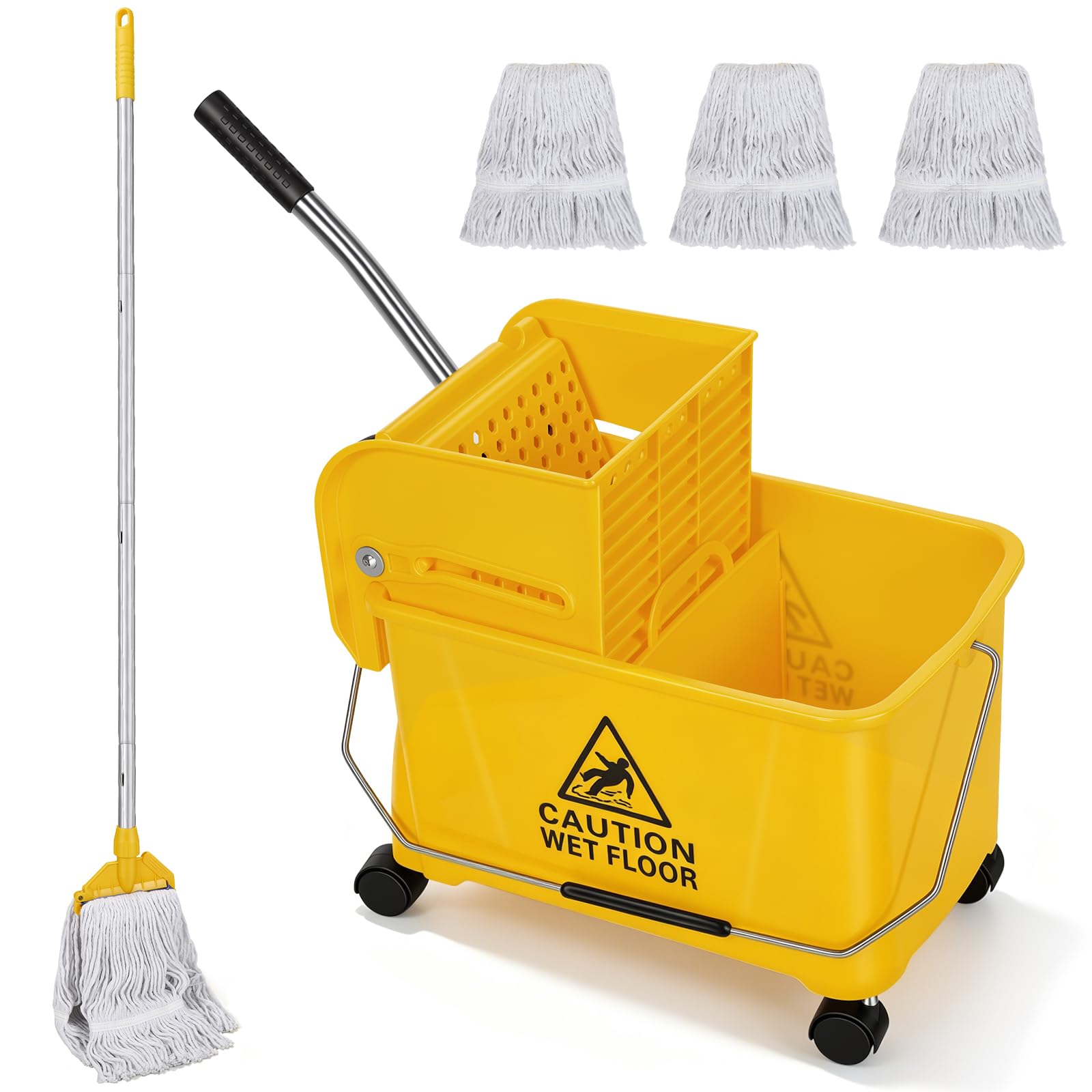 Set di mocio industriale e secchio da 20 litri su ruote, strizzatore commerciale Kentucky con 3 teste per mocio, manico lungo 148 cm e ruote silenziose, pulizia resistente per scuole, ristoranti
