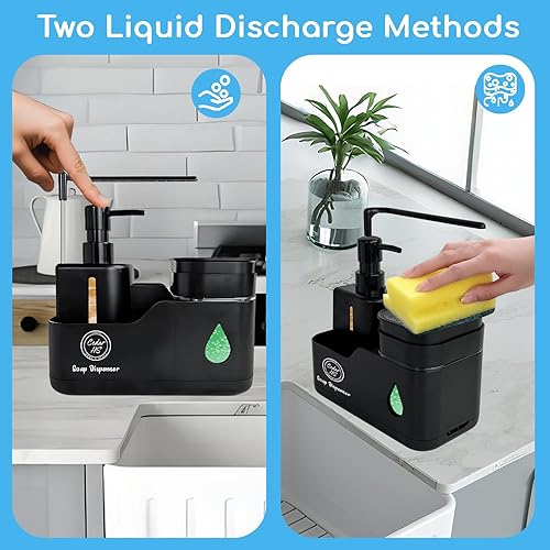 Miniatura 5 de Juego de dispensador de jabón para manos y platos de cocina (negro) - Botellas de doble bomba con organizador de esponja, soporte para cepillo,