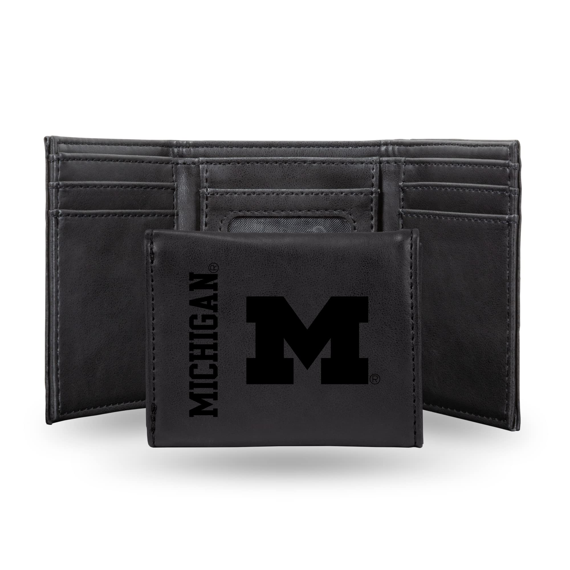 NCAA Michigan Wolverines Men's Tri Fold Black Wallet- Premium 10 Pocket Laser-Engraved Team Logo on Vegan Leather- Minimalist Design, Flip ID Window, Credit Card Holder- Ideal Men's Gift