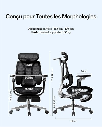 Hbada E3 Pro Édition 2026 Fauteuil de Bureau Ergonomique, Support Lombaire Dynamique 3 Zones, Accoudoirs 720°, Certifié IGR/BIFMA, Idéal Mal de Dos & Télétravail (Noir, avec Repose-Pieds) - 8