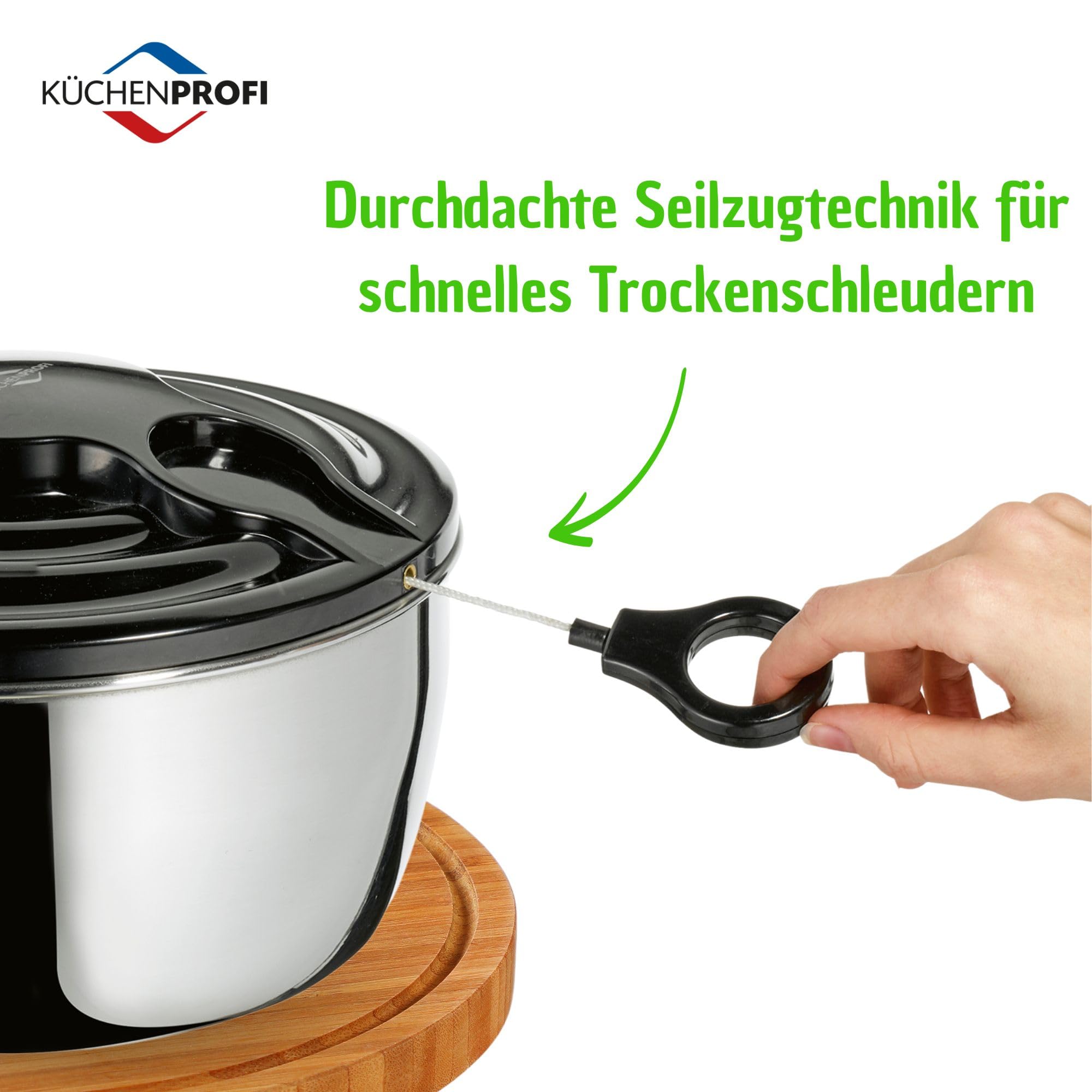 Küchenprofi Centrifugador de ensalada Wave de acero inoxidable, con cuerda, ensaladera con tapa, placa base y cesta, desmontable para facilitar la limpieza, contenido: 3,25 L, diámetro de 24,5 cm