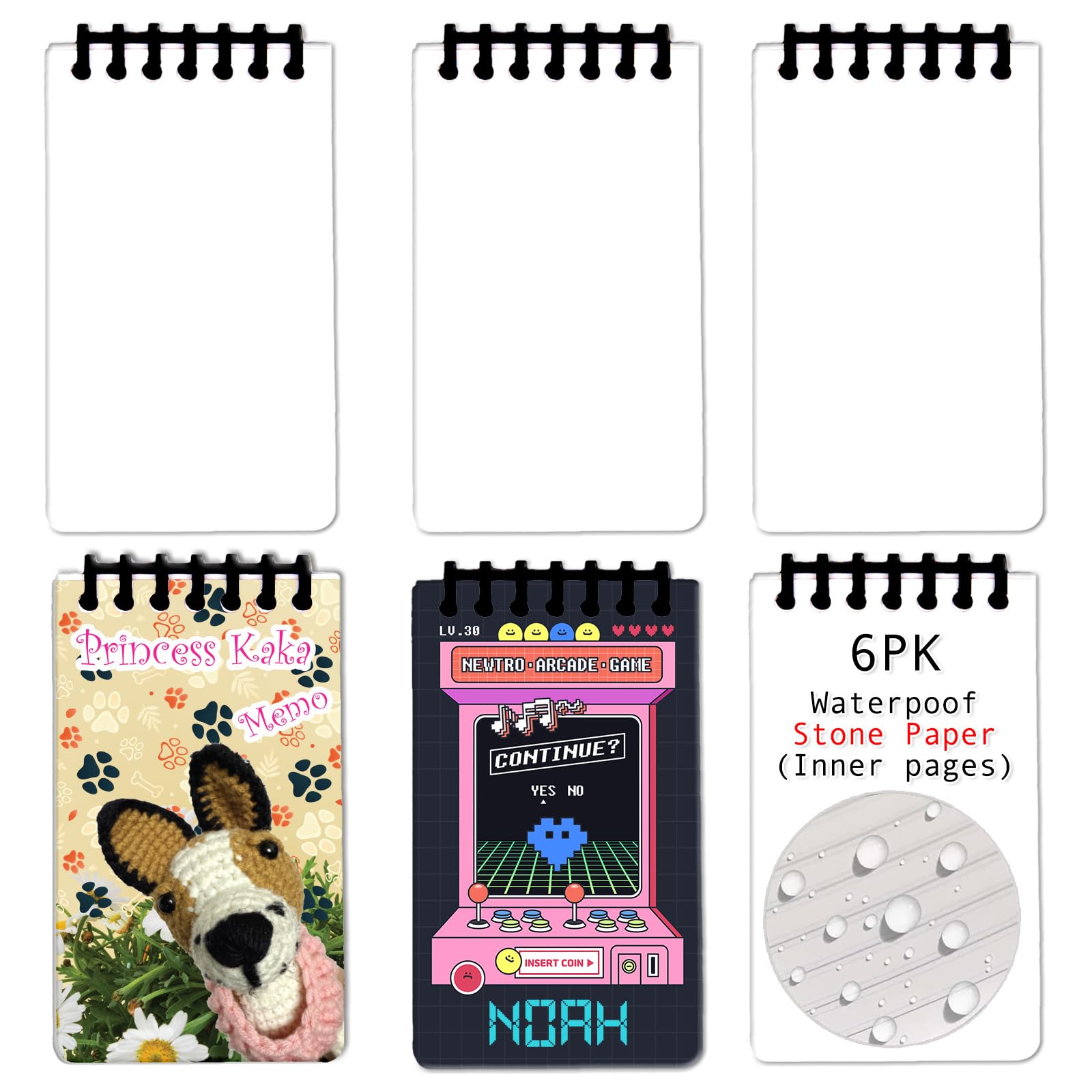 InfiniteSub - Paquete de 6 cuadernos impermeables por sublimación, 7.6 x 12.7 cm, pequeño cuaderno de notas en espiral superior, mini bloc de notas de bolsillo resistente a la intemperie, cubierta y