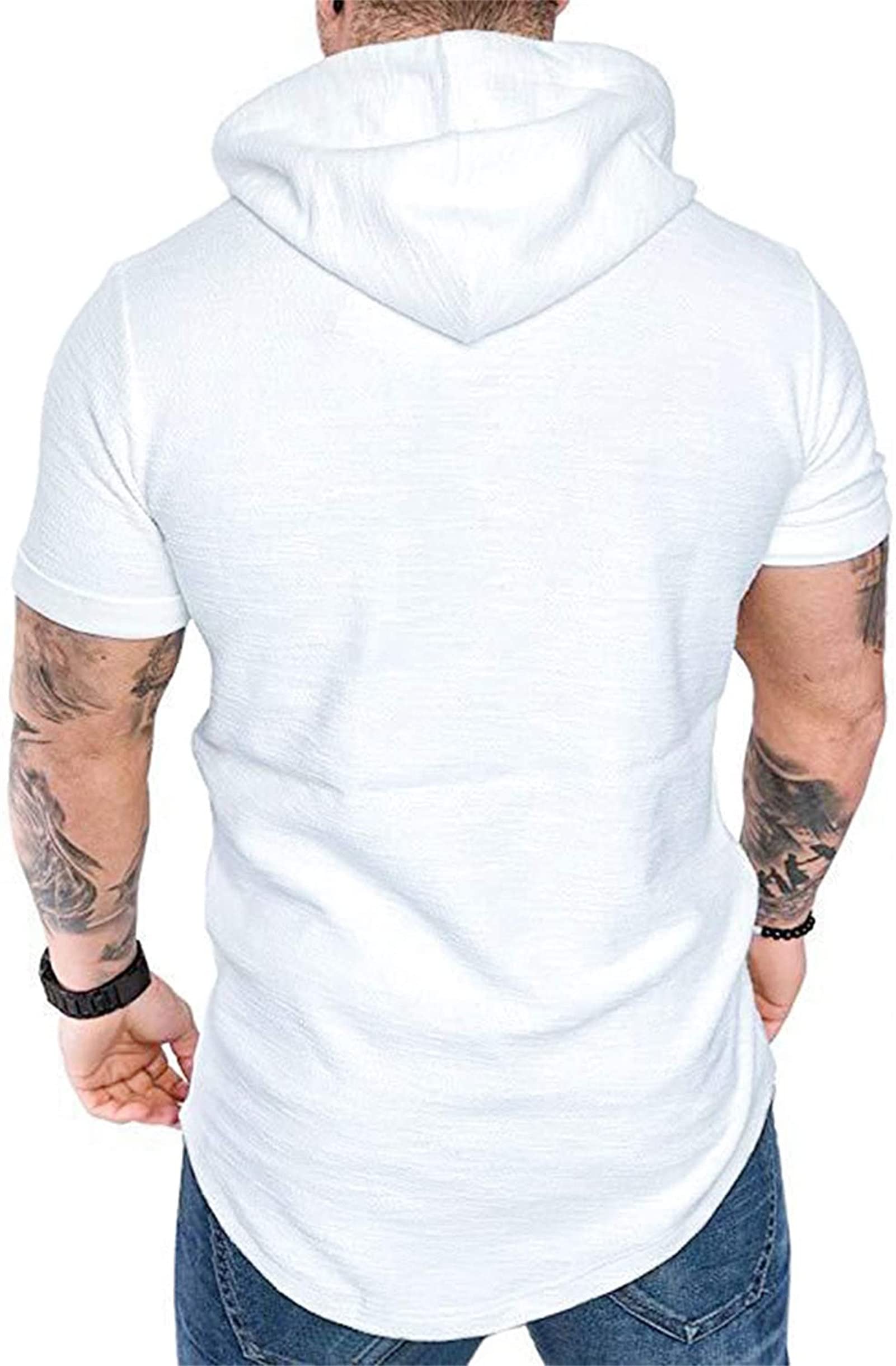 Maiyifu-GJ Men's Short Sleeve Athletic Hoodie Lightweight Workout Hooded T-Shirts Solid Color Slim Fit Pullover Sweatshirt (White,X-Large)