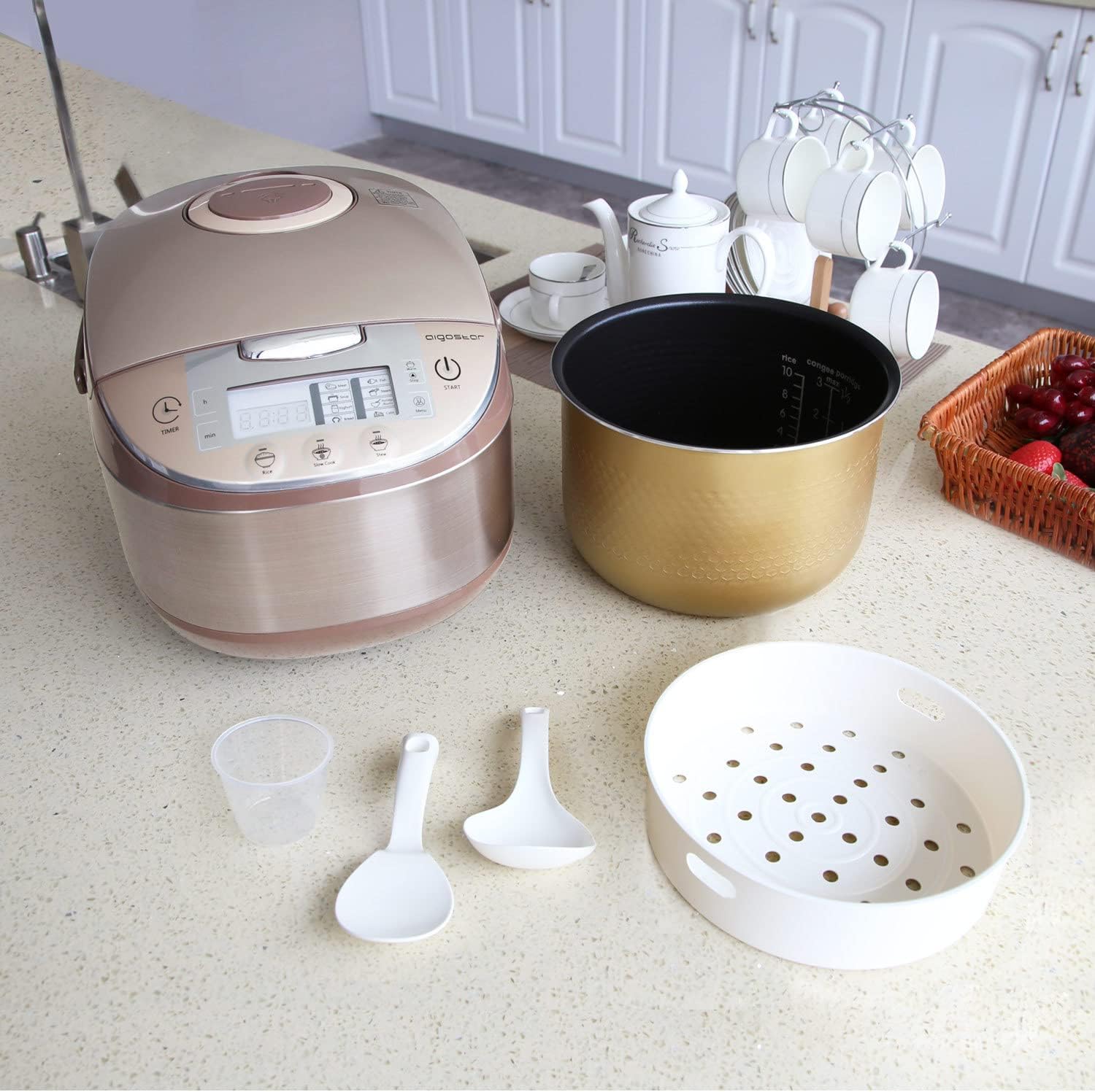 Components of the Aigostar Golden Lion 30HGY Multicooker including the main unit, inner pot, steamer basket, measuring cup, and serving spoons.