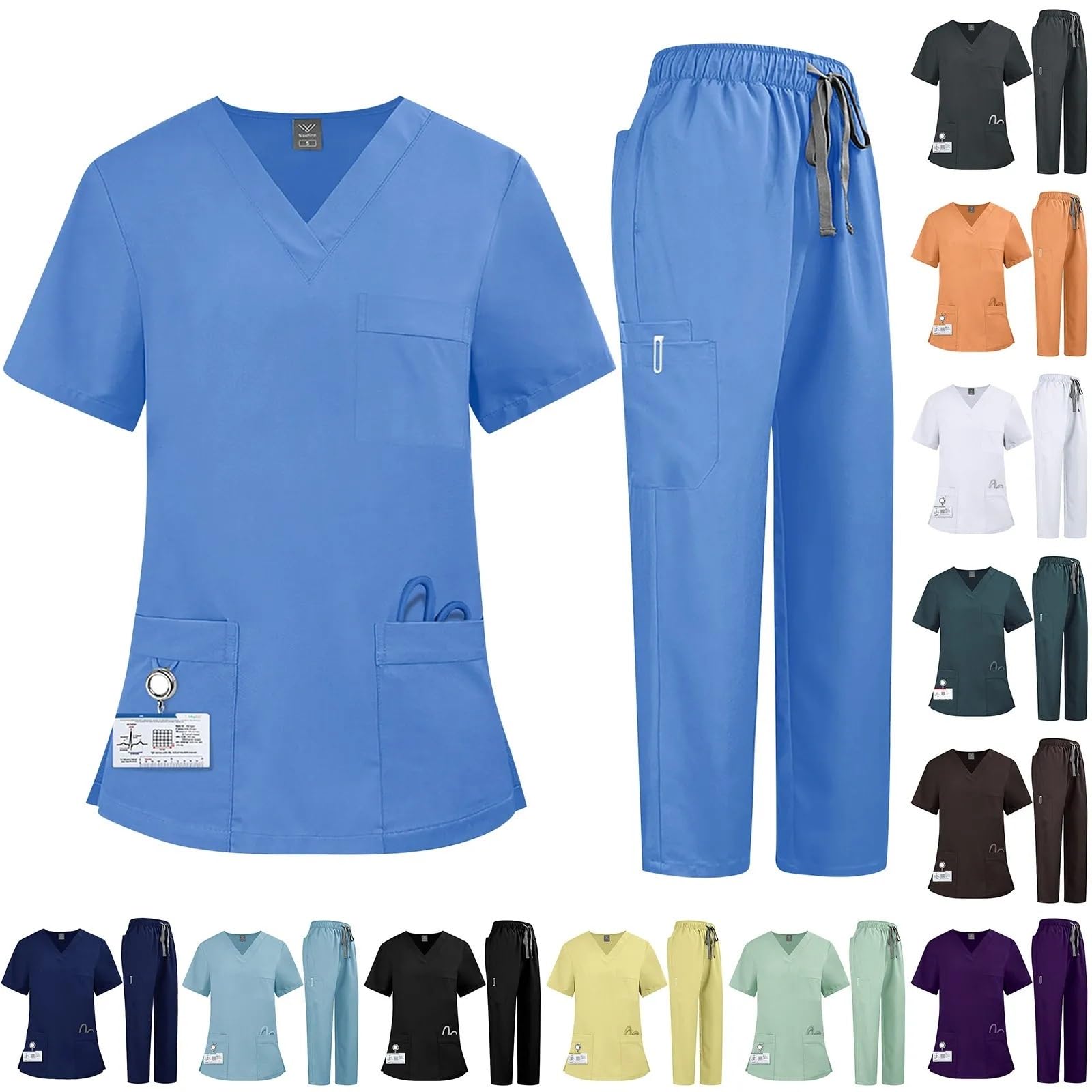 Kasacks Damen Pflege Plus Size Damen Krankenschwesteruniform, schnell trocknender Stoff, einfarbig, V-Ausschnitt, Tasche, kurzärmelige Hose, Anzug, Krankenpflege