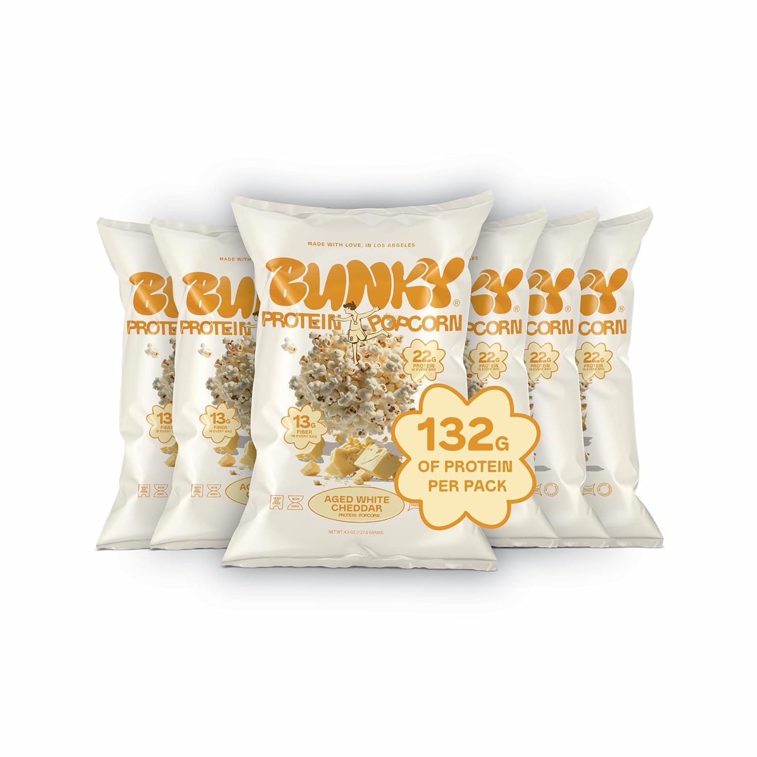 BUNKY Protein Popcorn, Aged White Cheddar | up to 20g Protein +13G Fiber Per Bag | High-Protein, Low-Calorie, Gluten-Free Snack | Non-GMO, No Seed Oils, Real Clean Ingredients | Pack of 6