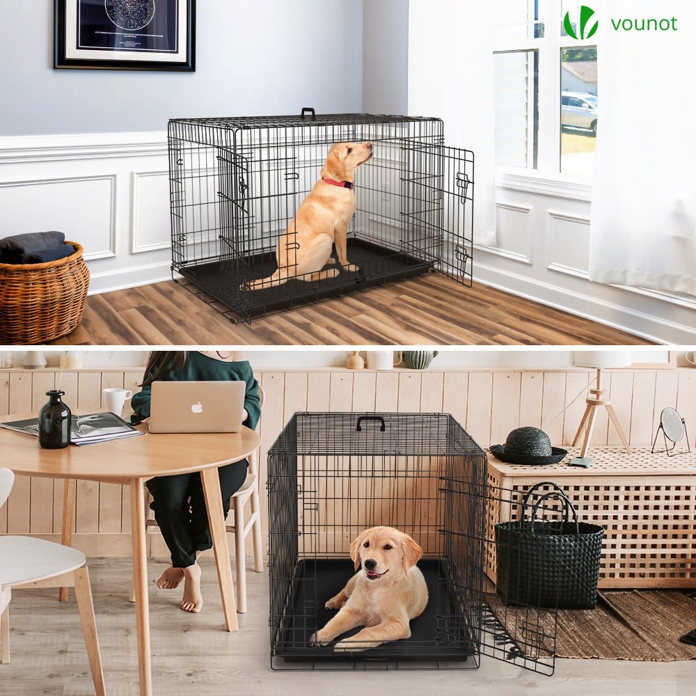 VOUNOT® Gabbia per Cani Pieghevole in Metallo, Cassetta per Trasporto Scatola Trasportino Cani con 2 Porte, Vassoio Rimovibile, 107x70x78cm, Nero