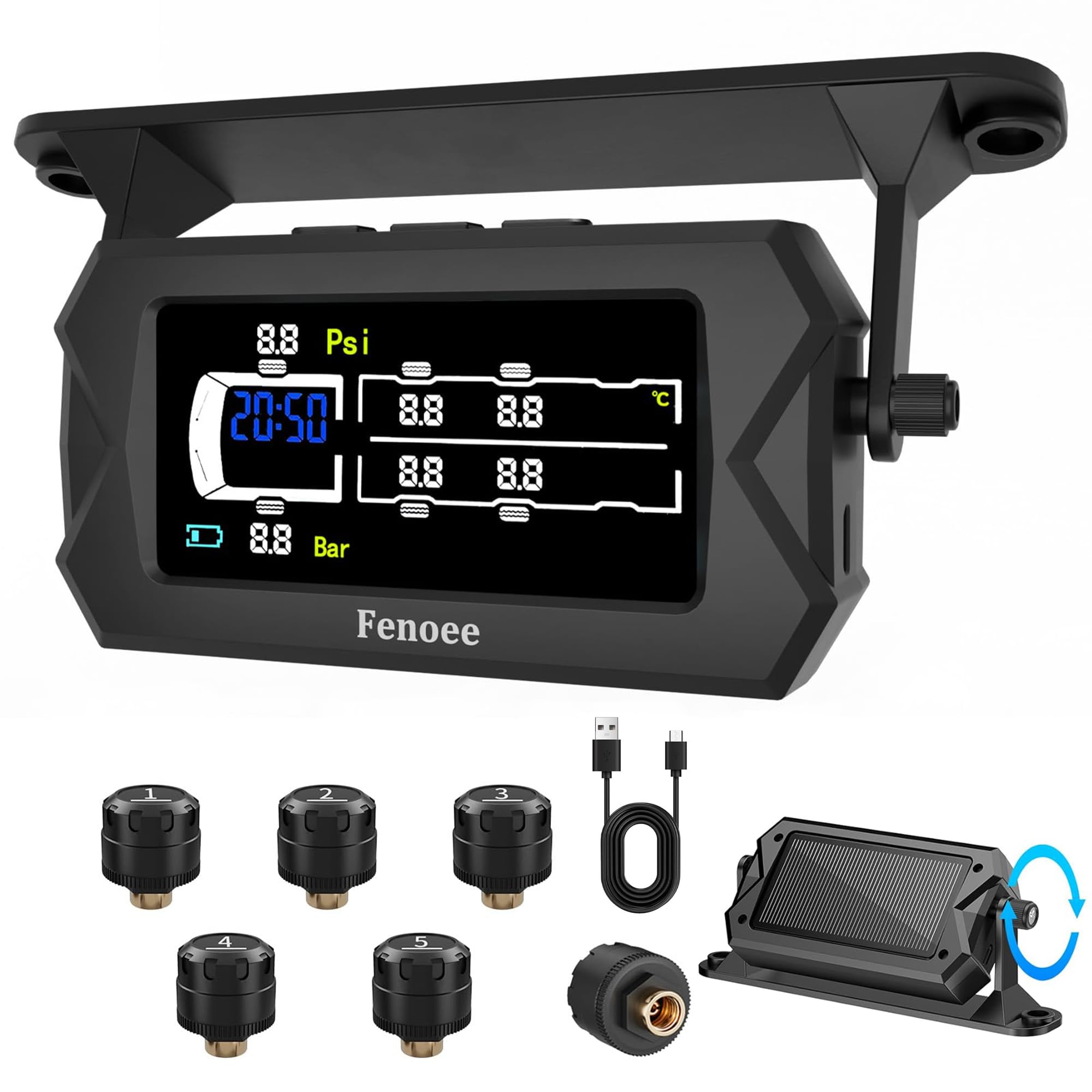 Photo 1 of RV Tire Pressure Monitoring System, Solar Charge & USB, Updated 3.2in Color LCD Display, IP68, 0-9.9 BAR/144 PSI Range, TPMS with 6 Sensors and 6 Alarm Modes for RV, Trailer,Truck